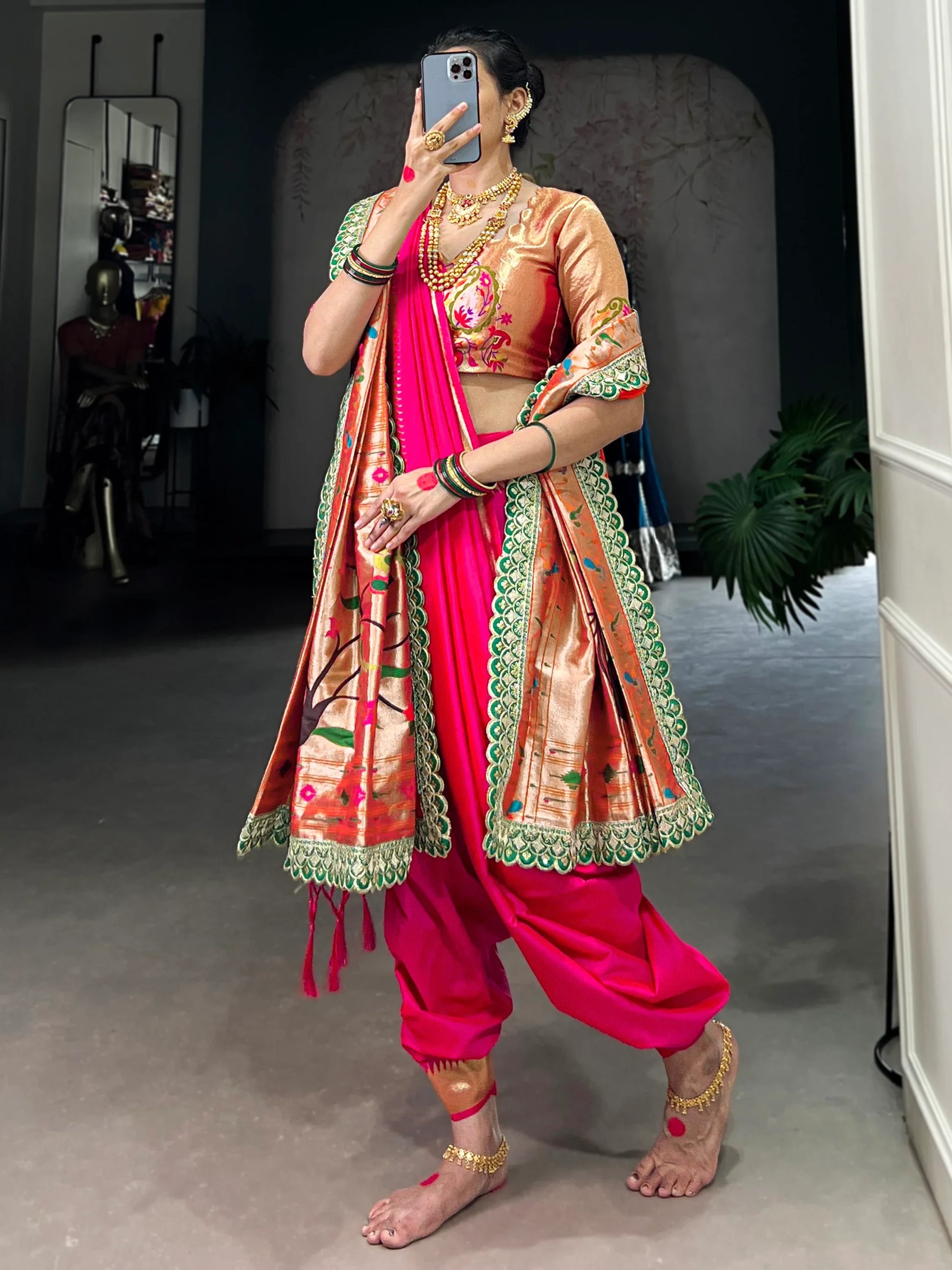 Charming Pink Zari Weaving Nauvari Bridal Saree With Orange Dupatta - Zeel Clothing