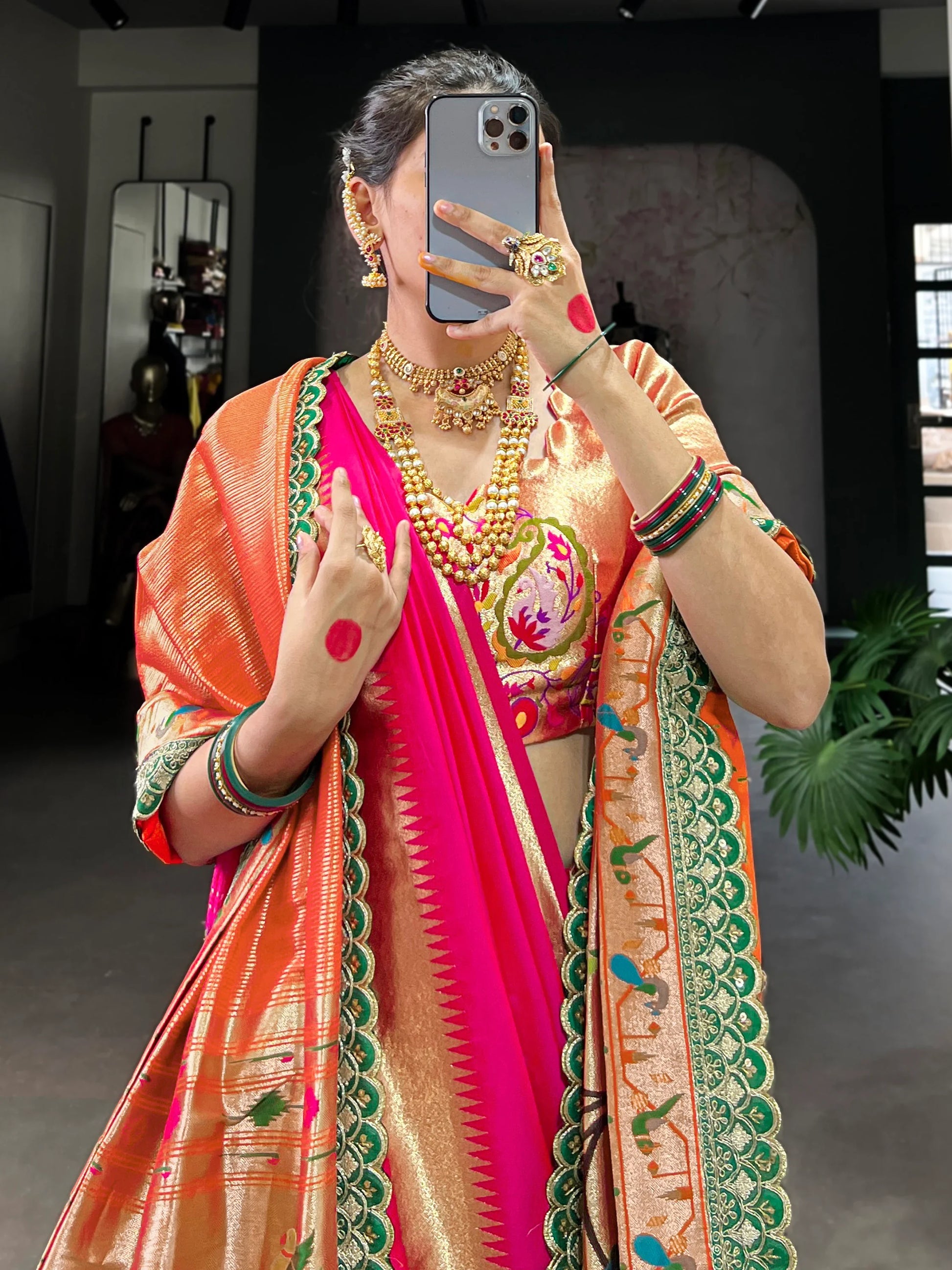 Charming Pink Zari Weaving Nauvari Bridal Saree With Orange Dupatta - Zeel Clothing