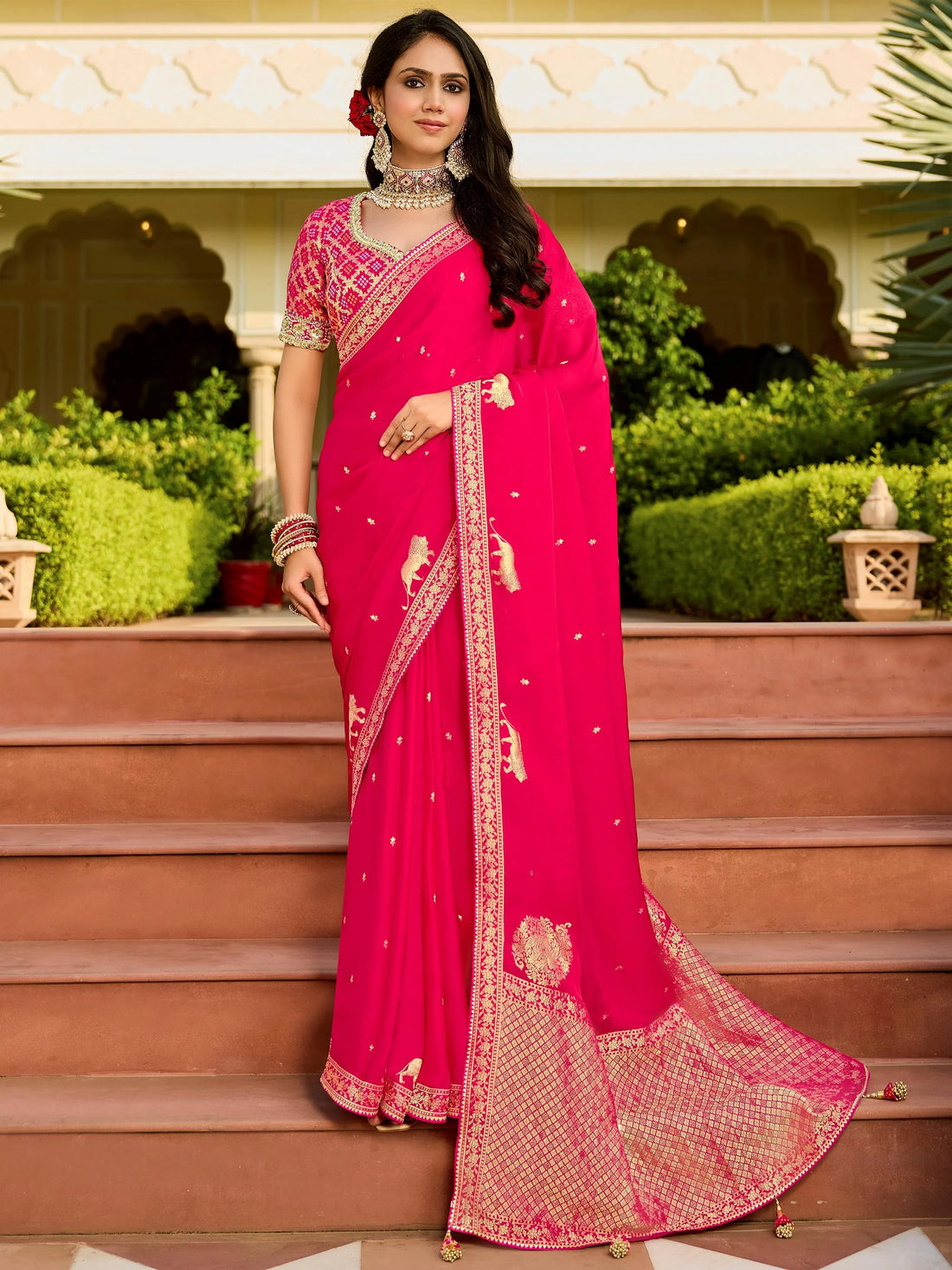 Charming Pink Zari Weaving Silk Engagement Wear Saree With Blouse
