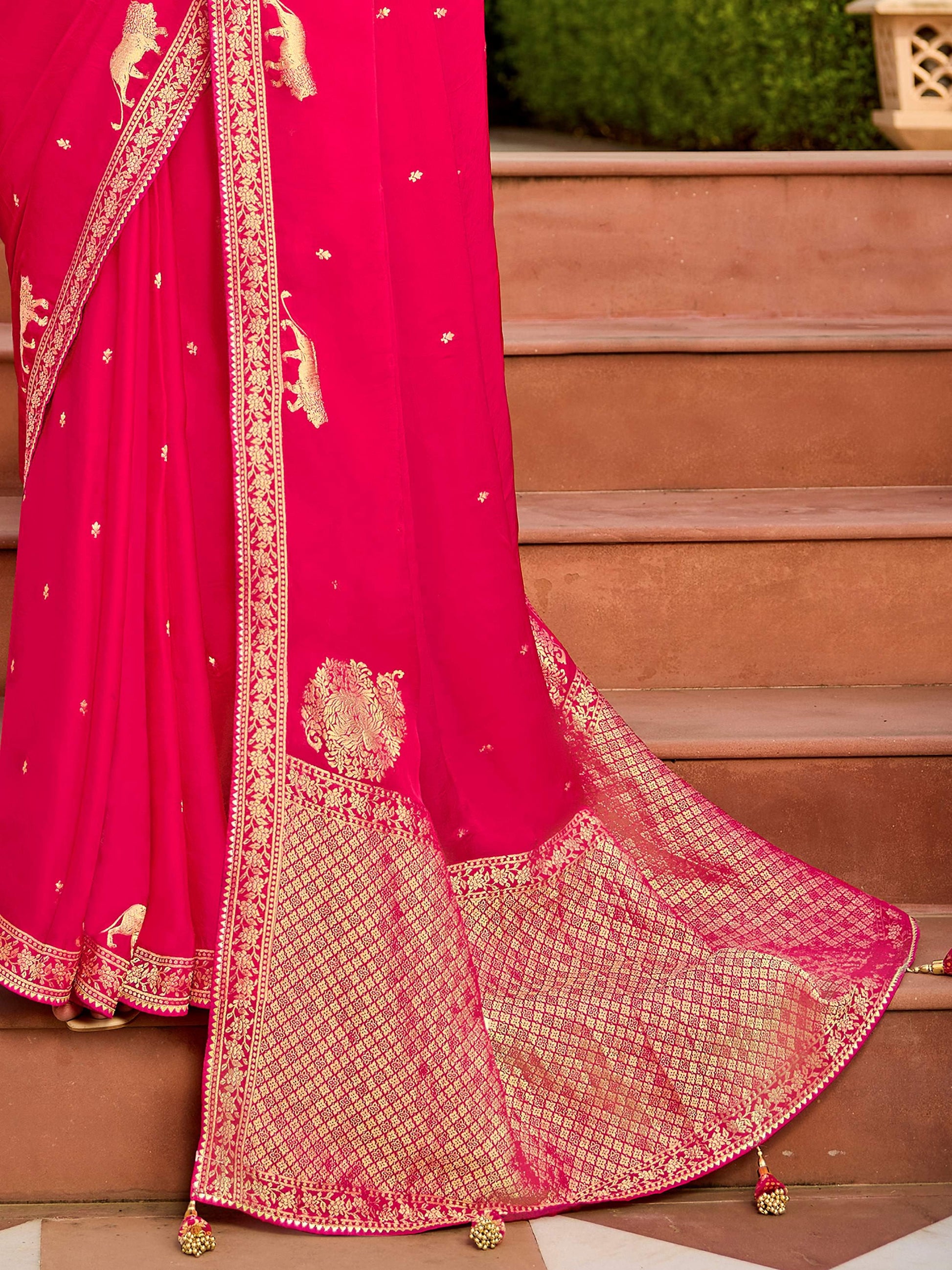 Charming Pink Zari Weaving Silk Engagement Wear Saree With Blouse