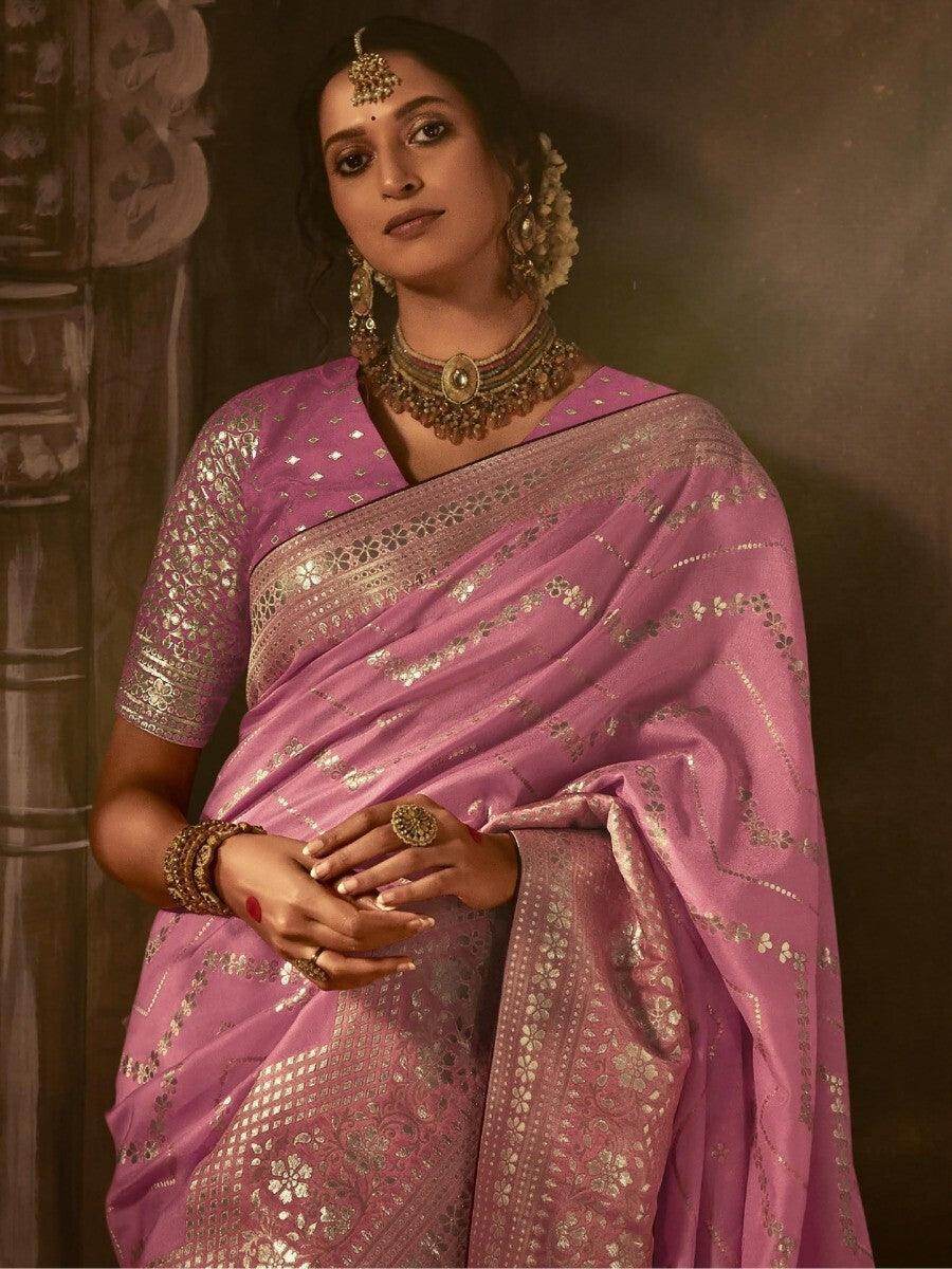 Charming Pink Zari Woven Silk Reception Wear Saree With Blouse - Zeel Clothing