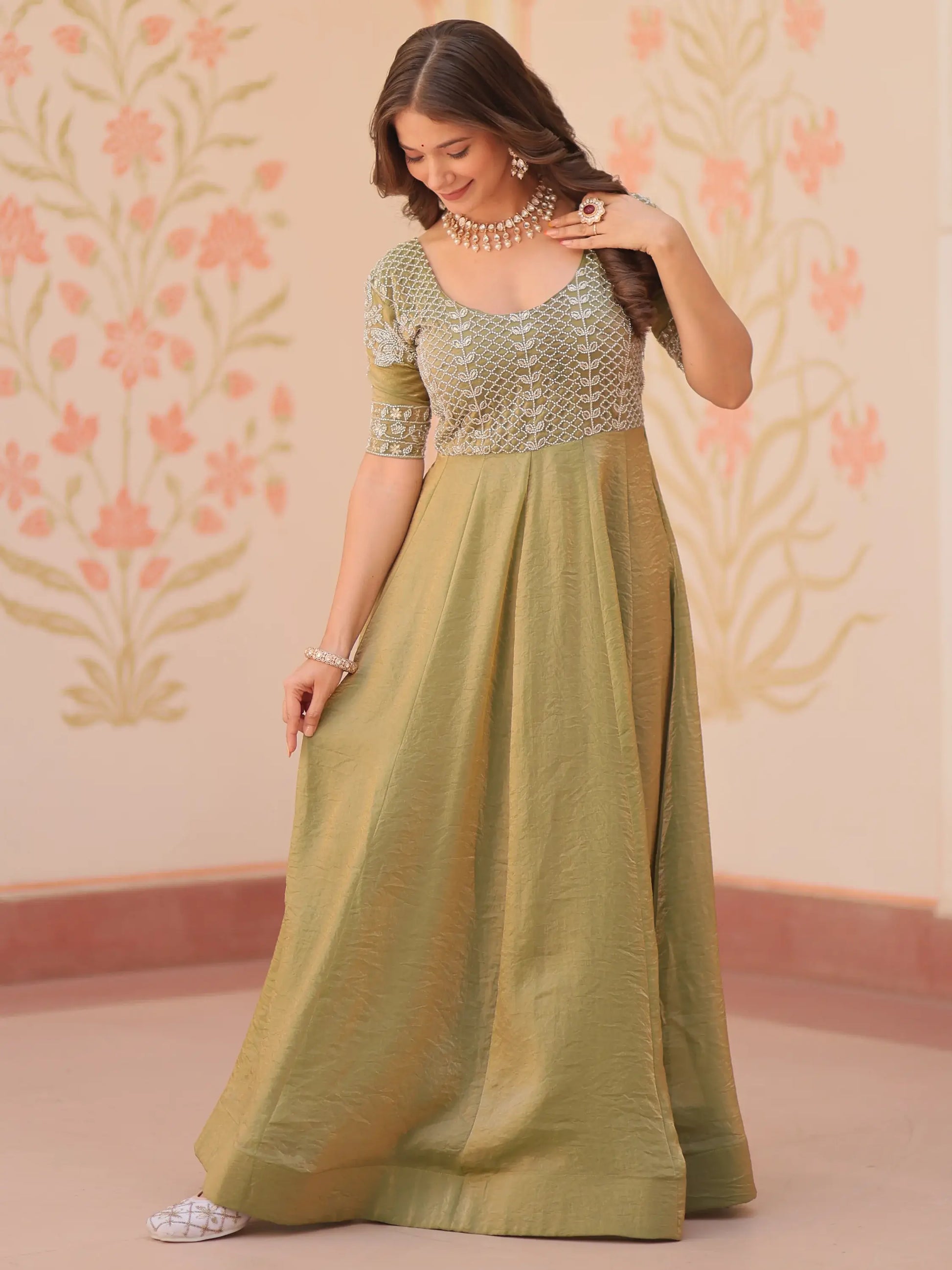 Charming Pista Green Beads Work Organza Event Wear Gown - Zeel Clothing