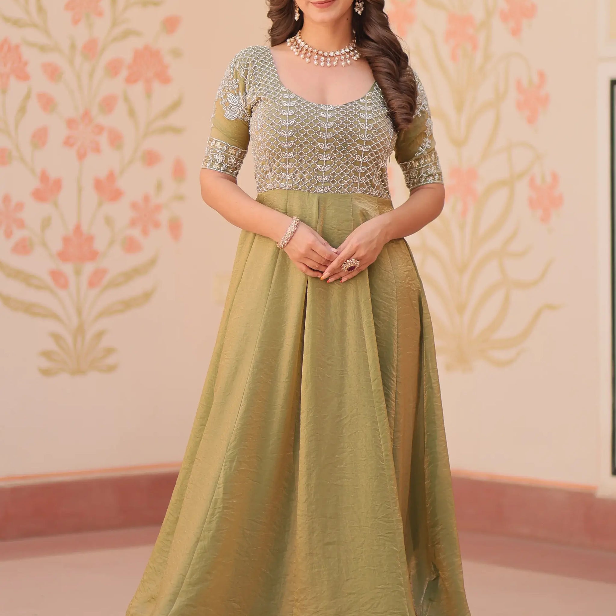Charming Pista Green Beads Work Organza Event Wear Gown - Zeel Clothing