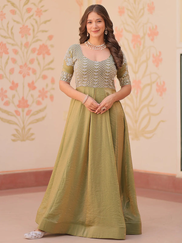 Charming Pista Green Beads Work Organza Event Wear Gown - Zeel Clothing