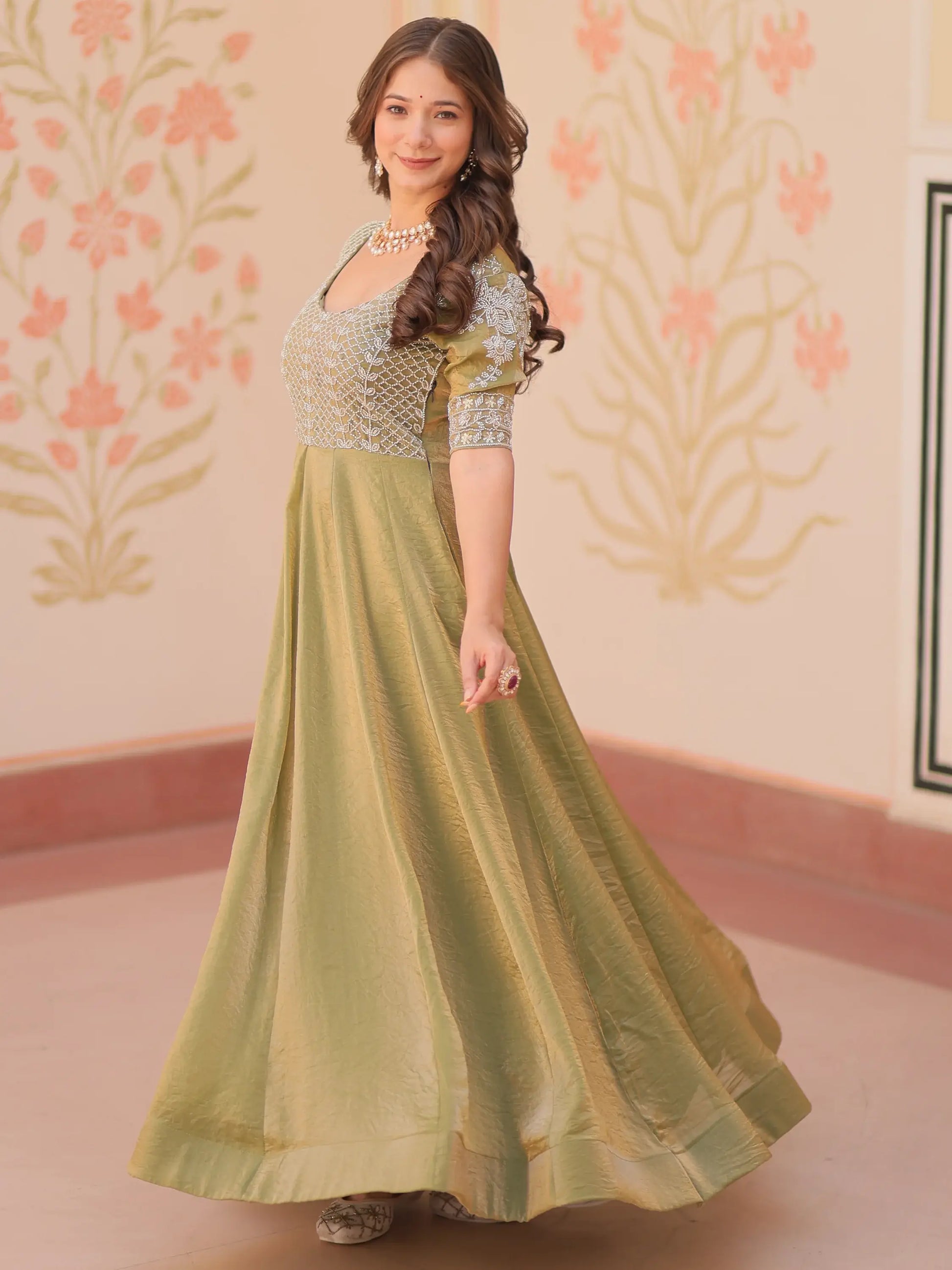 Charming Pista Green Beads Work Organza Event Wear Gown - Zeel Clothing
