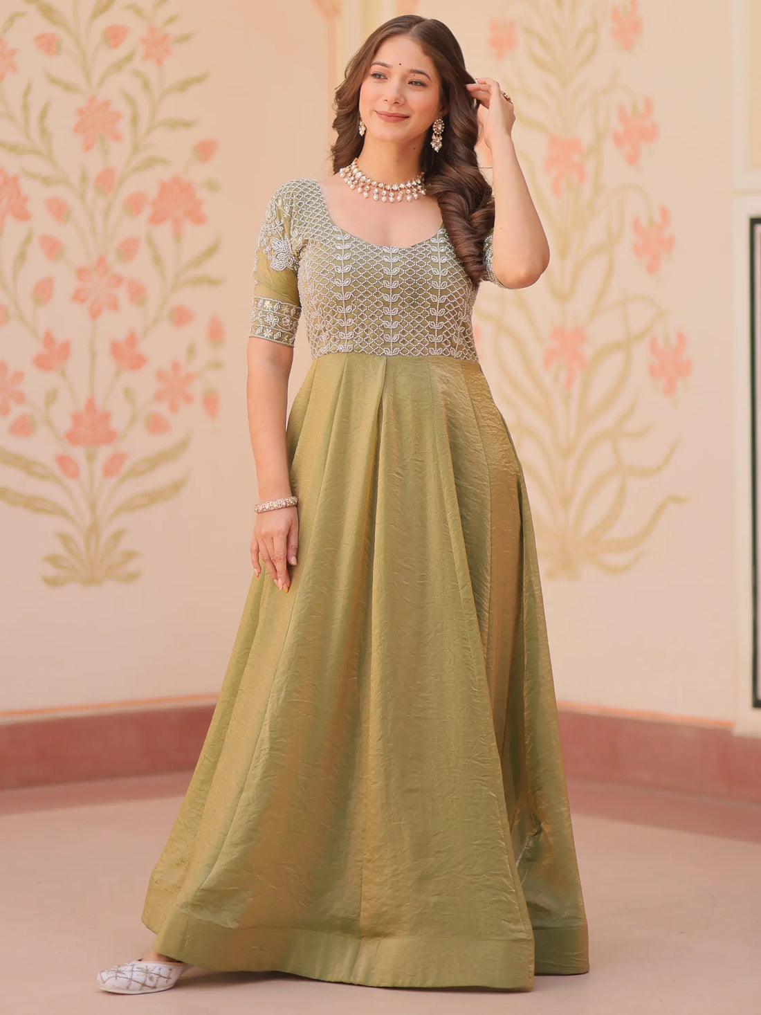 Charming Pista Green Beads Work Organza Event Wear Gown - Zeel Clothing