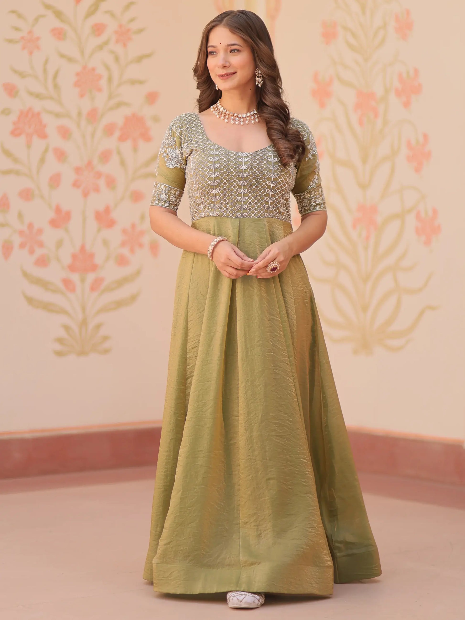 Charming Pista Green Beads Work Organza Event Wear Gown - Zeel Clothing