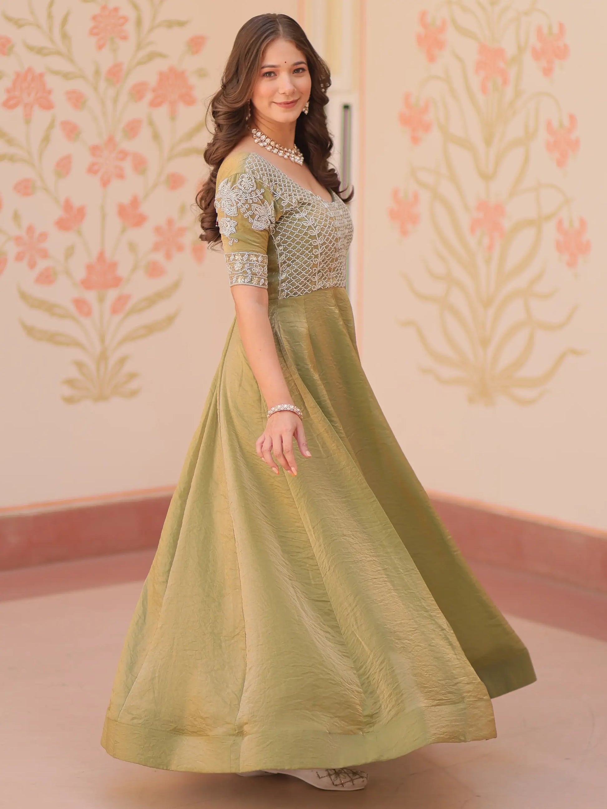 Charming Pista Green Beads Work Organza Event Wear Gown - Zeel Clothing