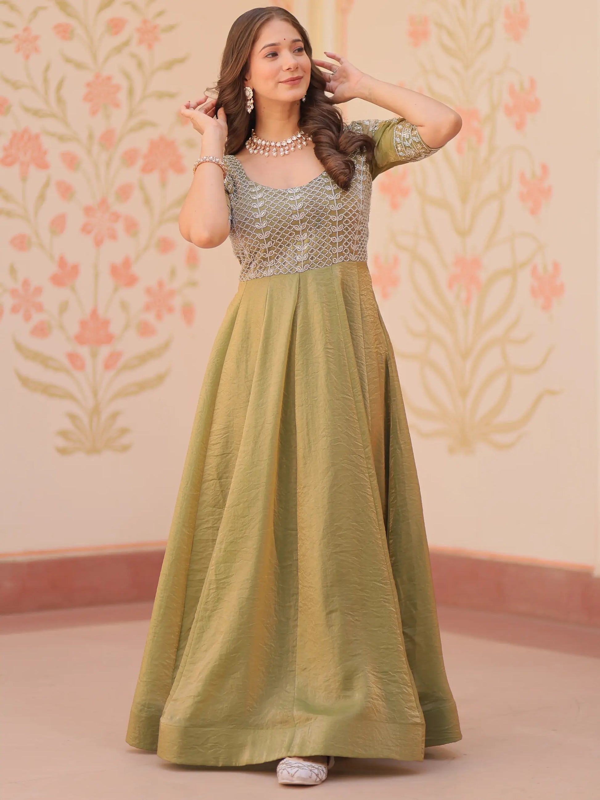 Charming Pista Green Beads Work Organza Event Wear Gown - Zeel Clothing