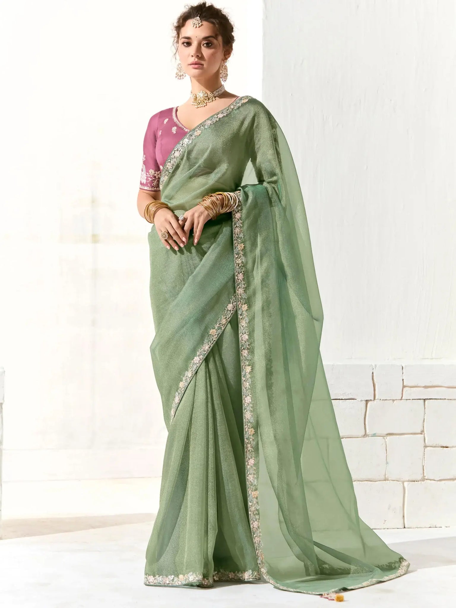 Charming Pista Green Border Work Tissue Silk Event Wear Saree - Zeel Clothing