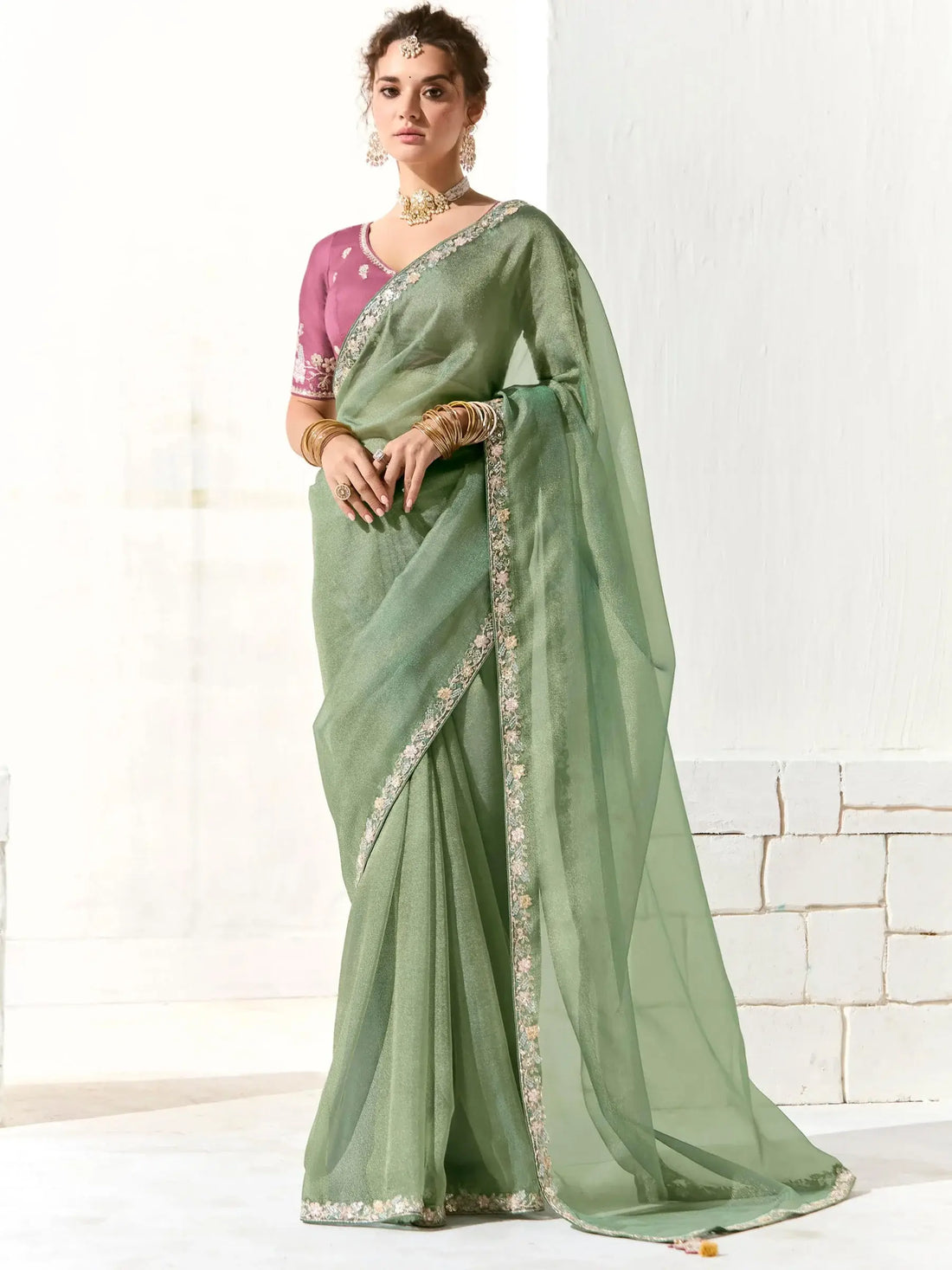 Charming Pista Green Border Work Tissue Silk Event Wear Saree - Zeel Clothing