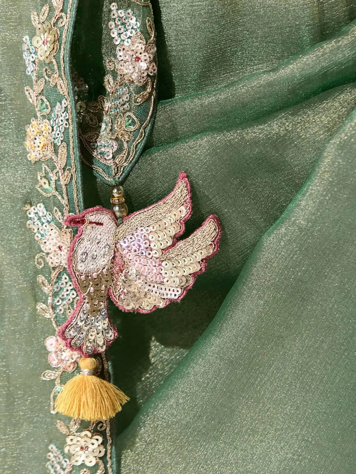 Charming Pista Green Border Work Tissue Silk Event Wear Saree - Zeel Clothing