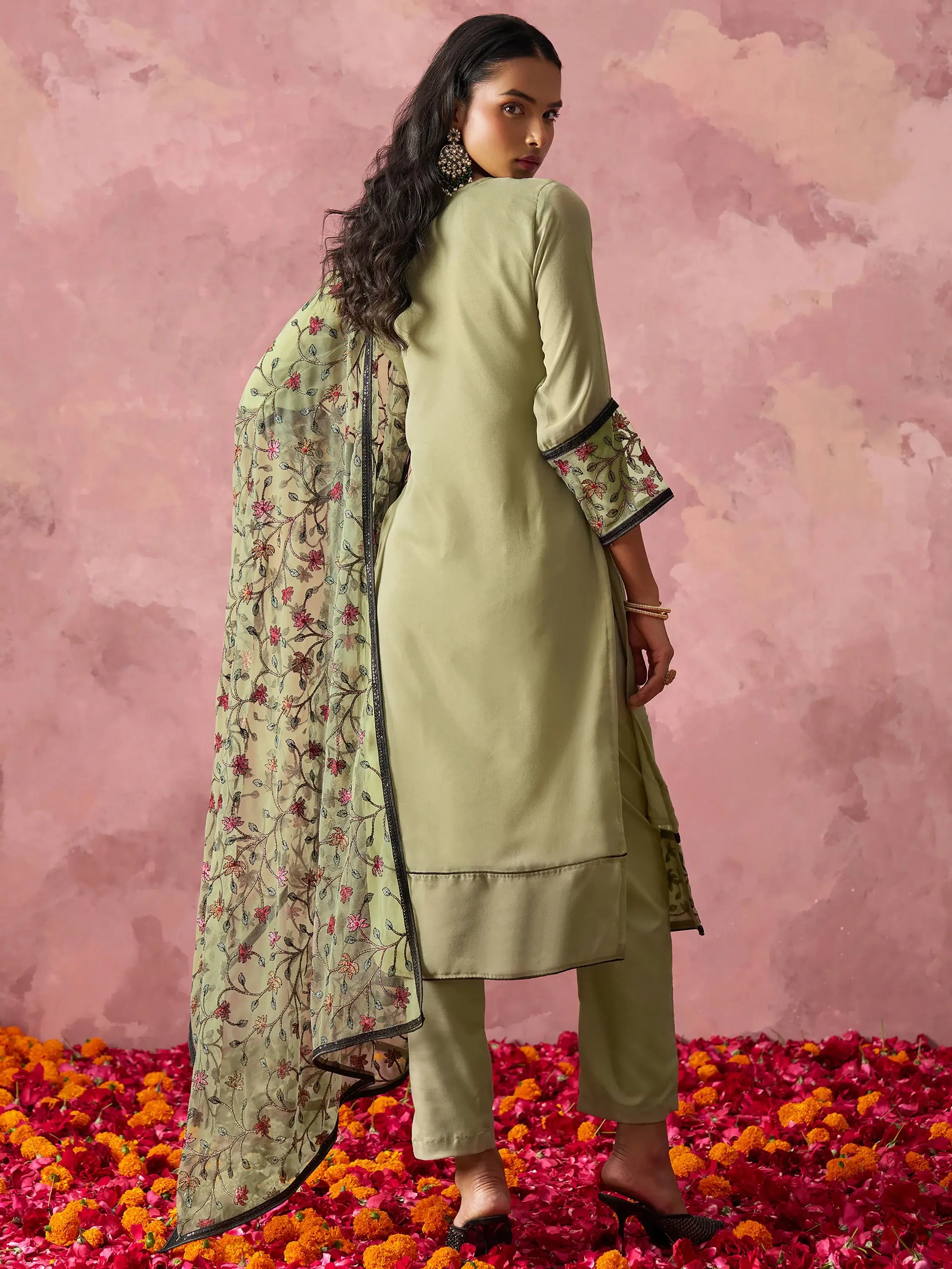 Charming Pista Green Thread Embroidery Georgette Pant Suit - Zeel Clothing