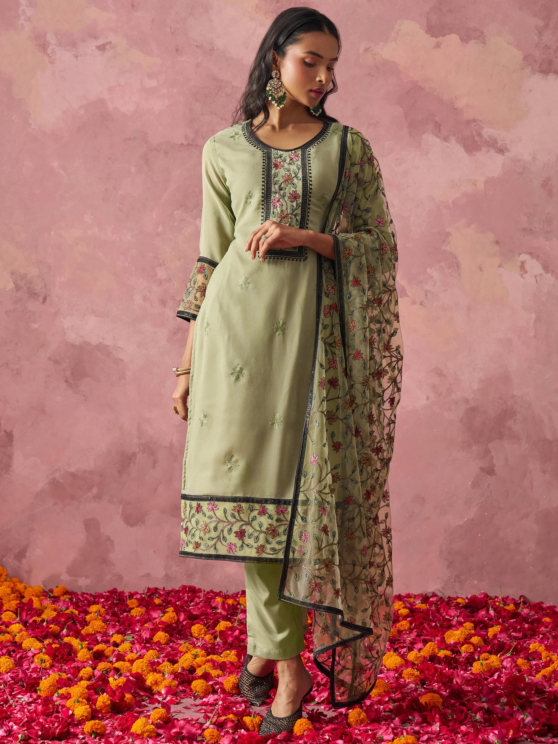 Charming Pista Green Thread Embroidery Georgette Pant Suit - Zeel Clothing
