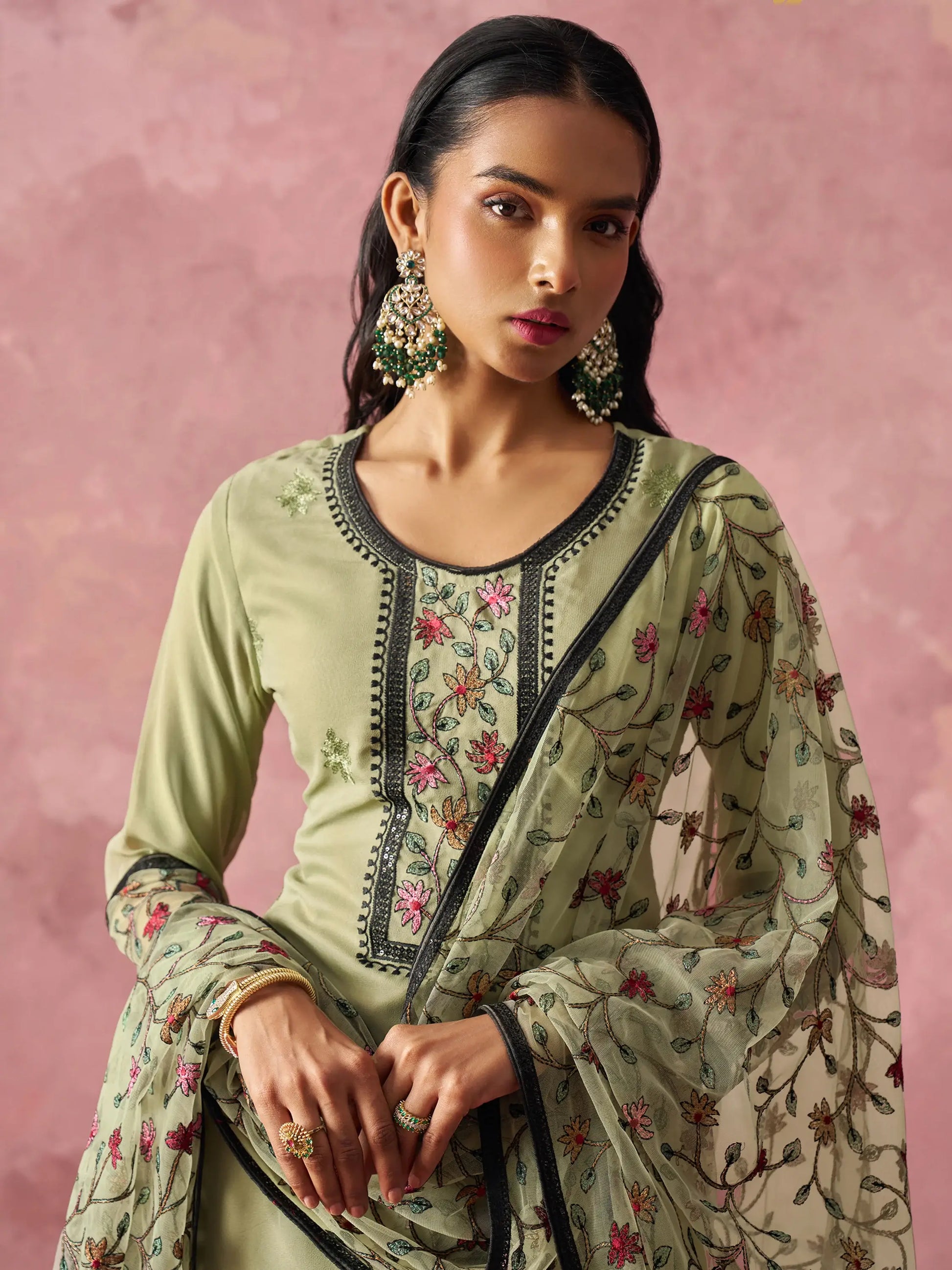 Charming Pista Green Thread Embroidery Georgette Pant Suit - Zeel Clothing
