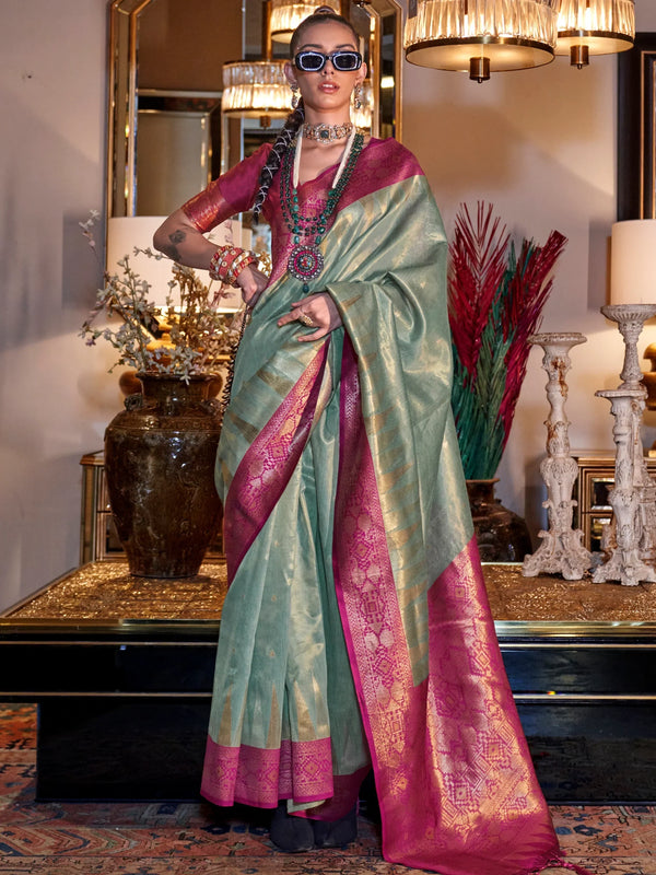 Charming Pista Green Zari Weaving Tissue Silk Saree With Blouse - Zeel Clothing