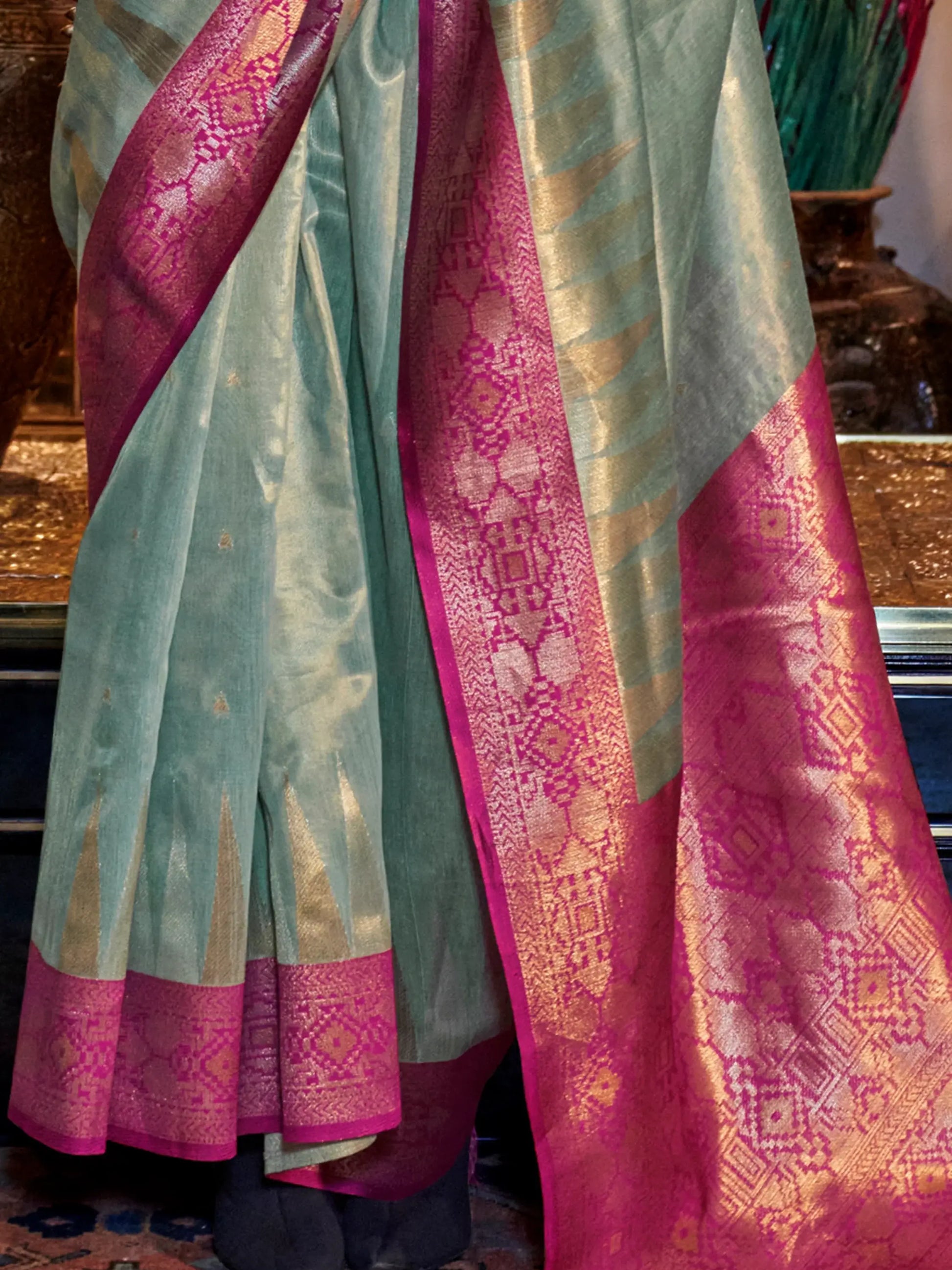 Charming Pista Green Zari Weaving Tissue Silk Saree With Blouse - Zeel Clothing