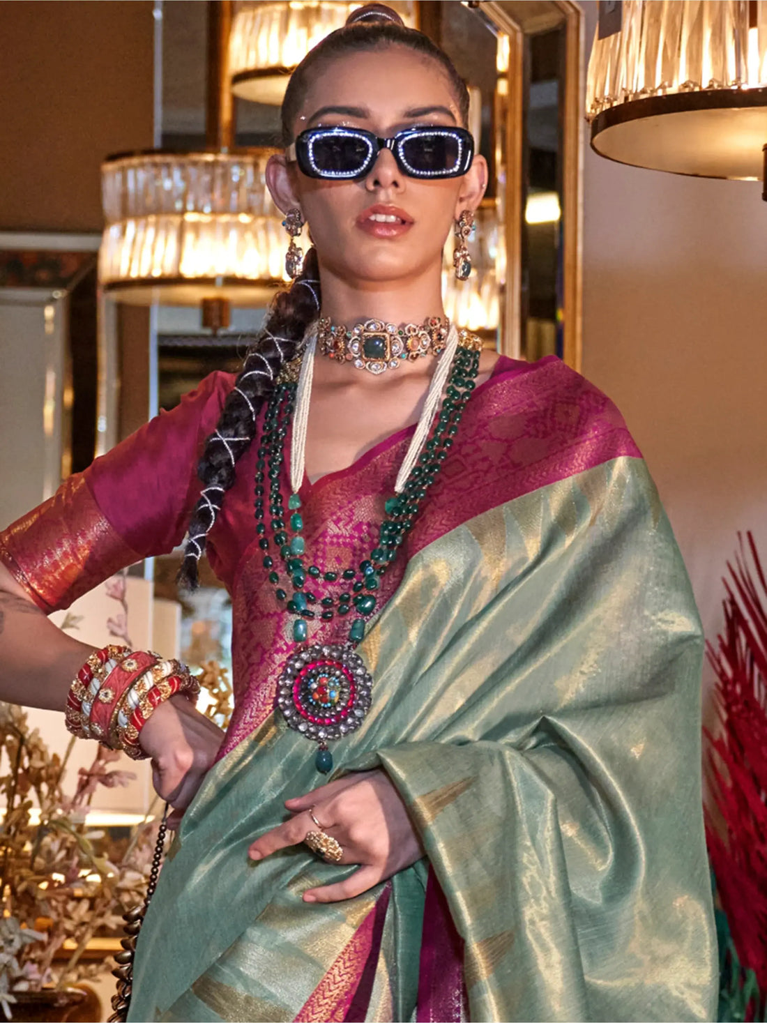 Charming Pista Green Zari Weaving Tissue Silk Saree With Blouse - Zeel Clothing