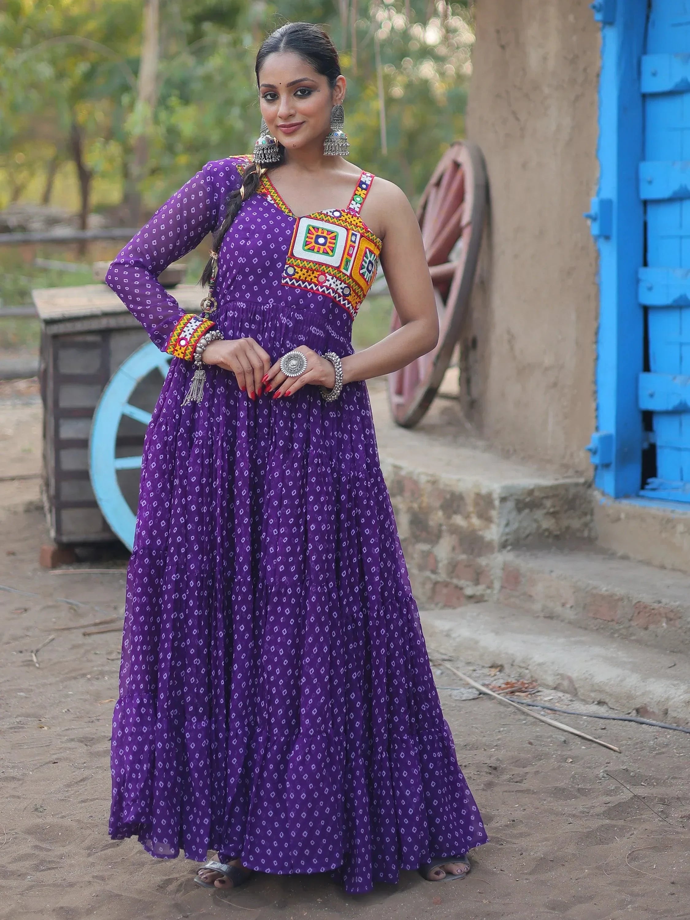 Shop Purple Bandhani Printed Georgette Navratri Gown Online At Zeel ...