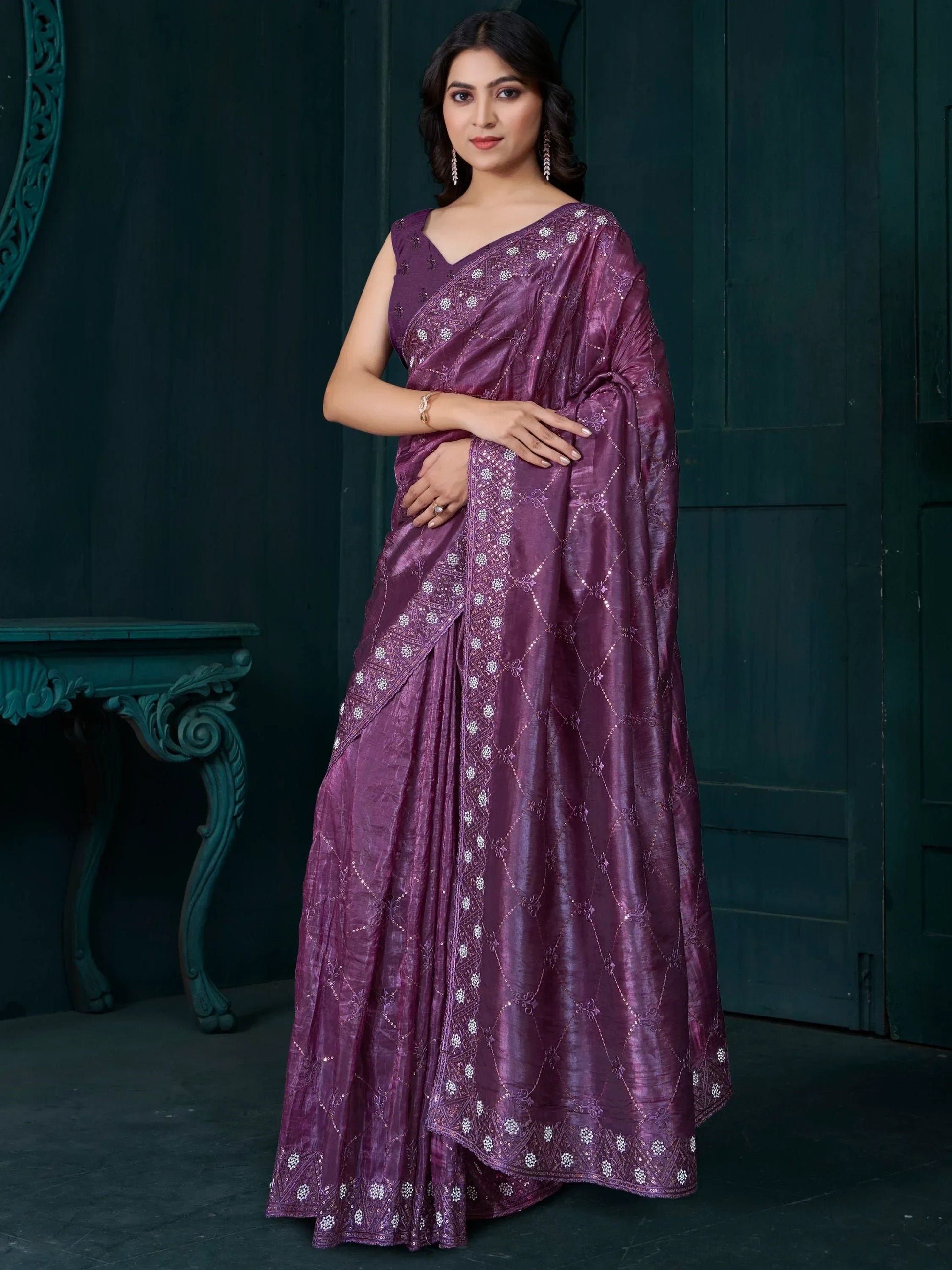 Charming Purple Embroidered Silk Event Wear Saree With Blouse - Zeel Clothing