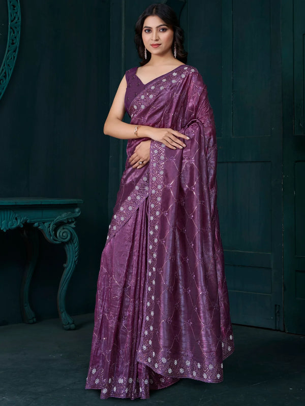 Charming Purple Embroidered Silk Event Wear Saree With Blouse - Zeel Clothing