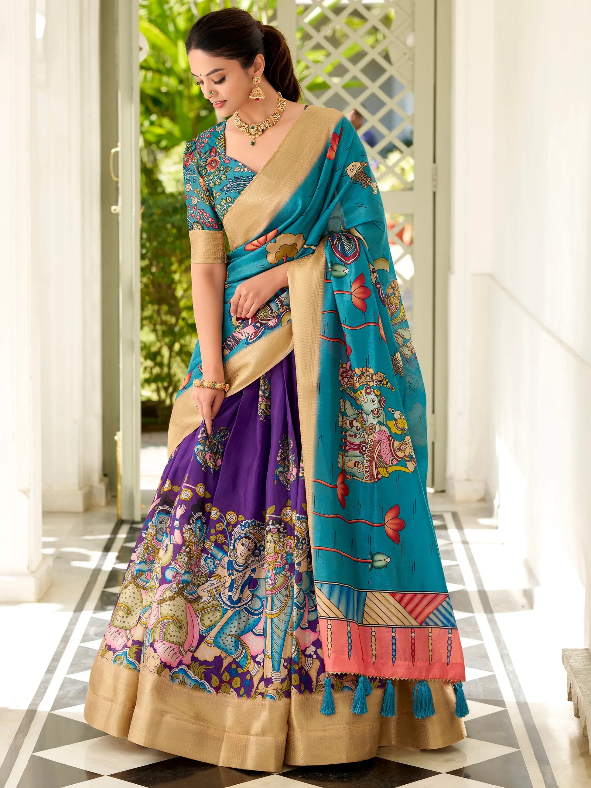 Charming Purple Kalamkari Printed Dola Silk Lehenga Choli - Zeel Clothing