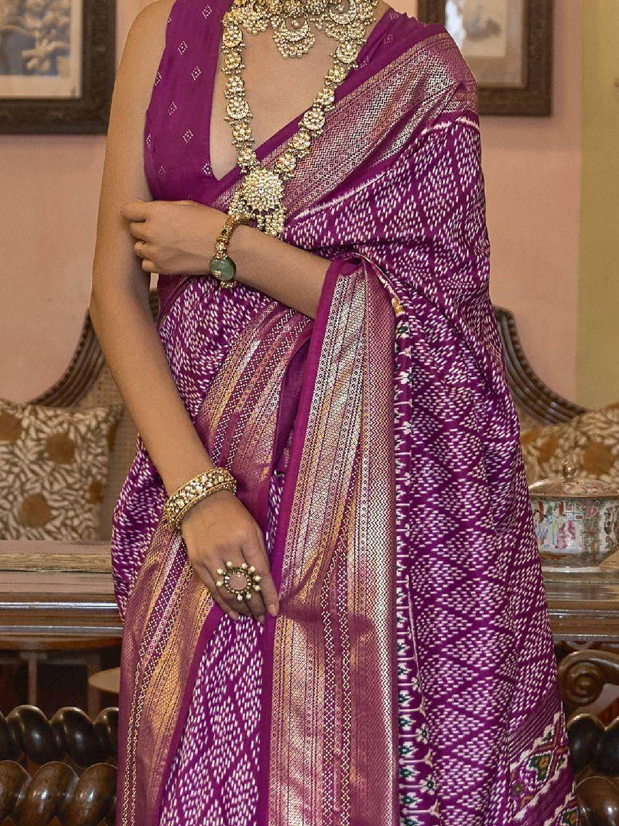 Charming Purple Printed Patola Silk Wedding Wear Saree With Blouse - Zeel Clothing