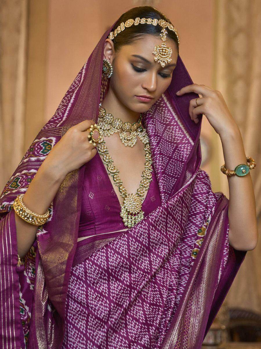 Charming Purple Printed Patola Silk Wedding Wear Saree With Blouse - Zeel Clothing