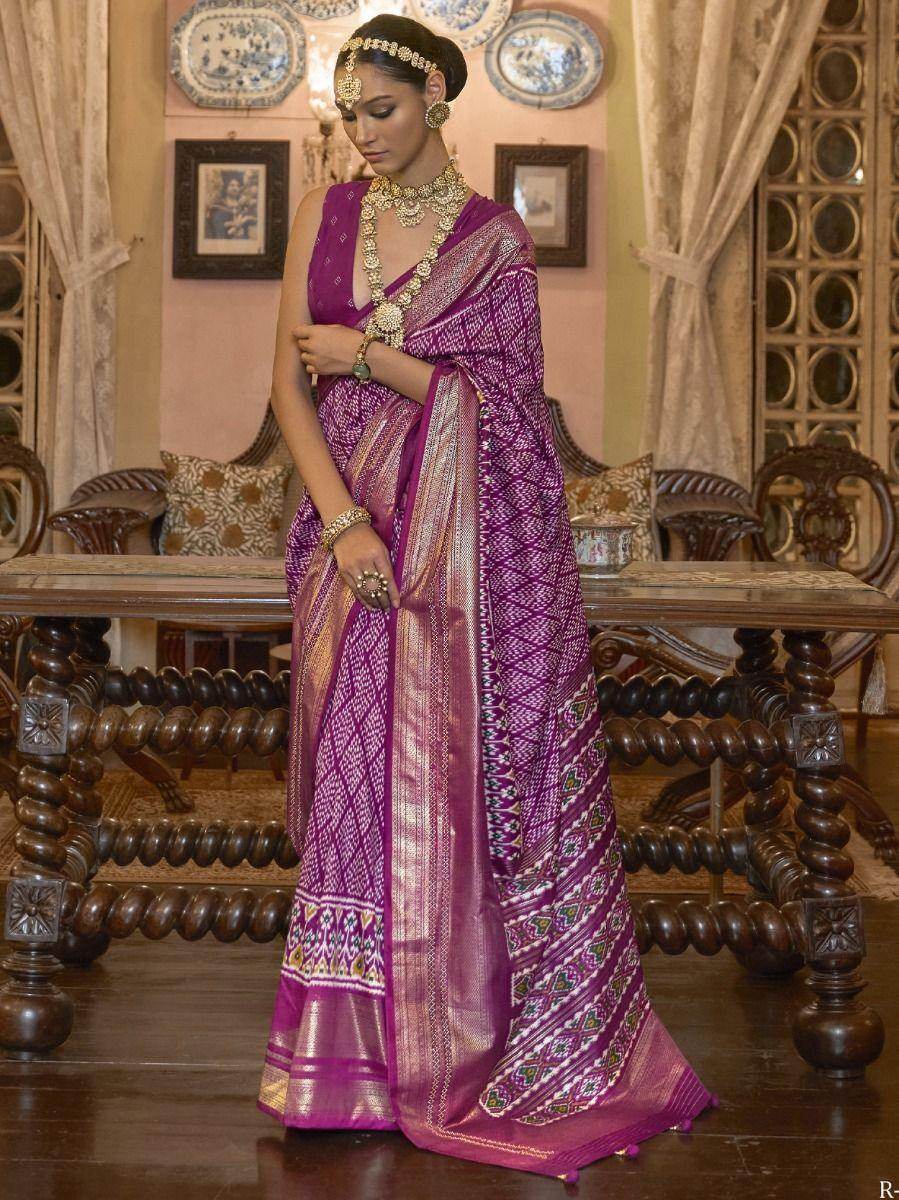 Charming Purple Printed Patola Silk Wedding Wear Saree With Blouse - Zeel Clothing