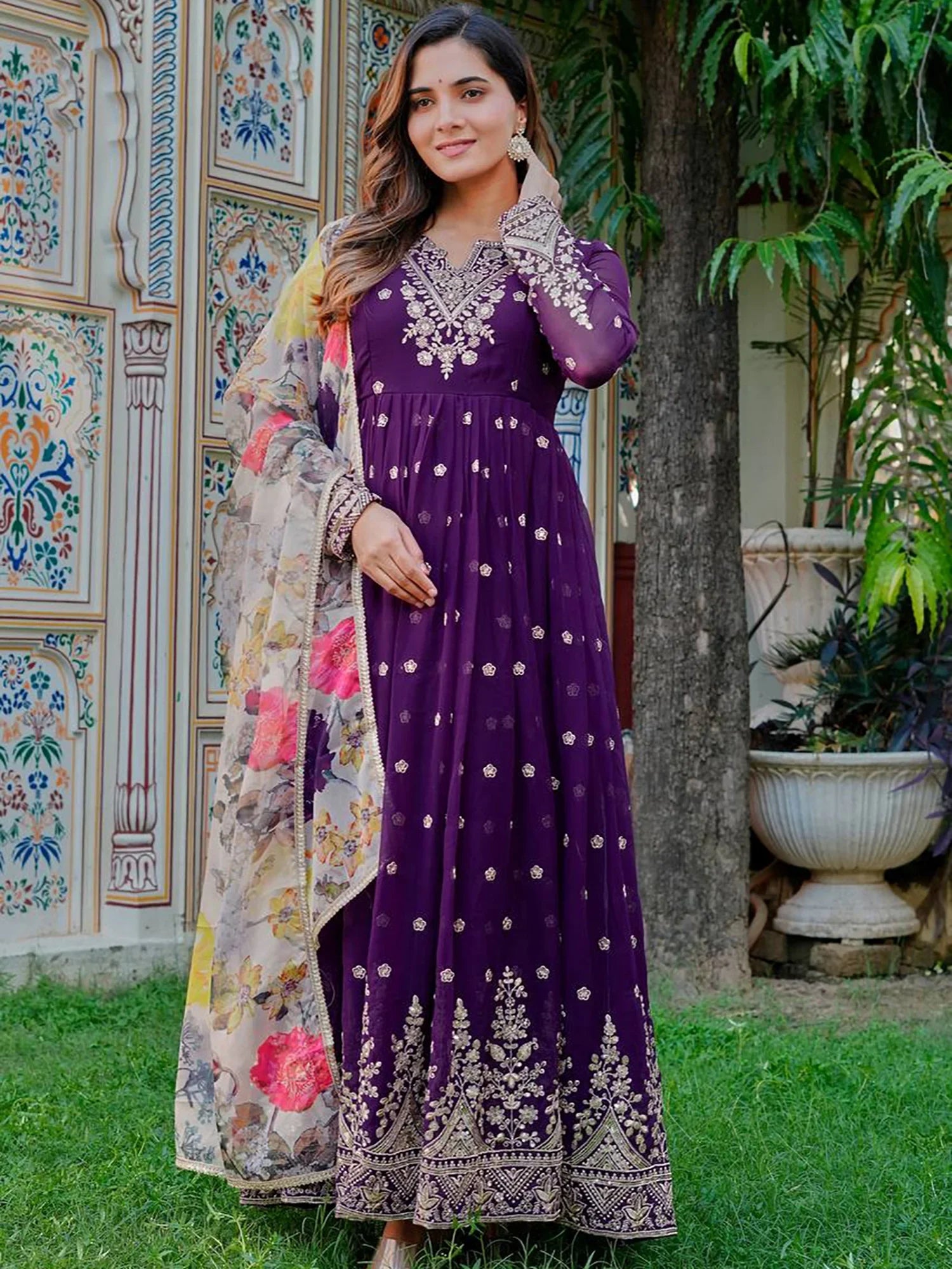 Charming Purple Sequins Work Georgette Festival Wear Gown With Dupatta