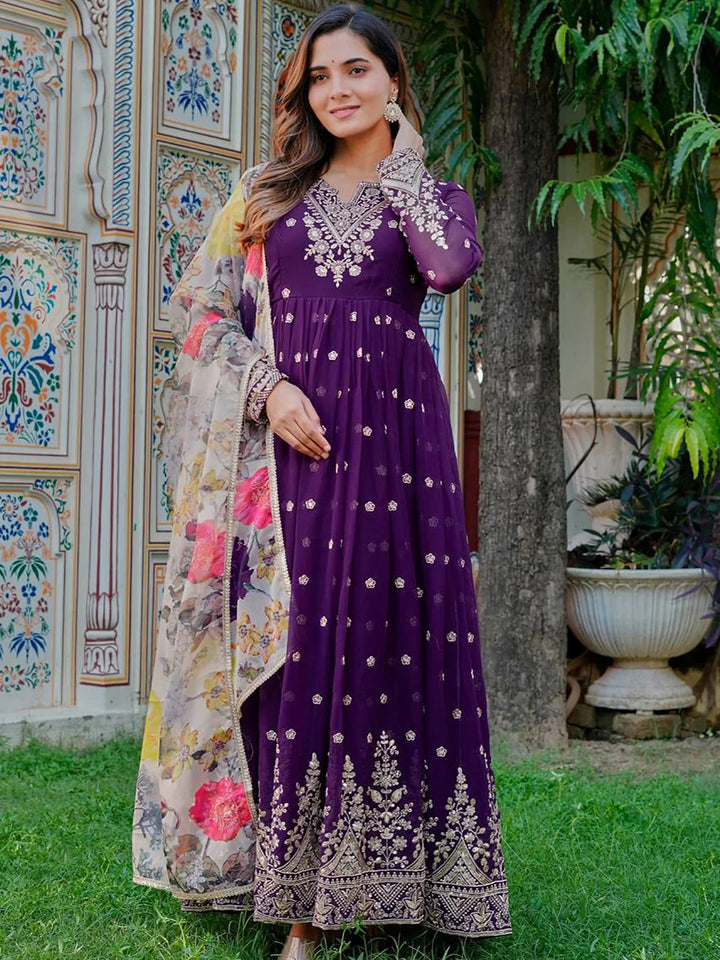 Charming Purple Sequins Work Georgette Festival Wear Gown With Dupatta