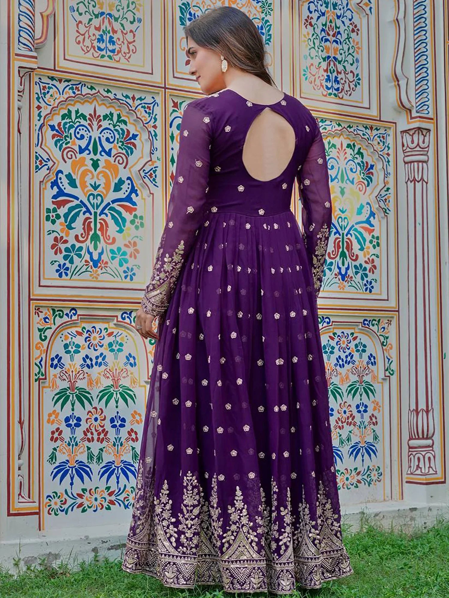 Charming Purple Sequins Work Georgette Festival Wear Gown With Dupatta