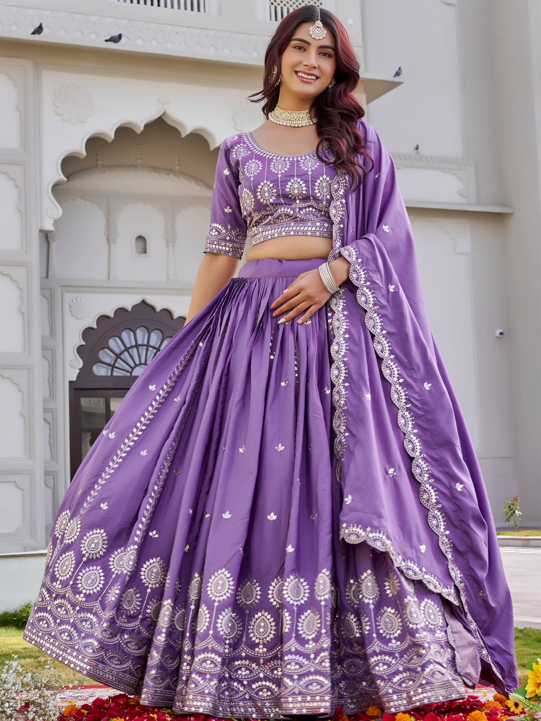 Charming Purple Sequins Work Silk Receptions Wear Lehenga With Dupatta