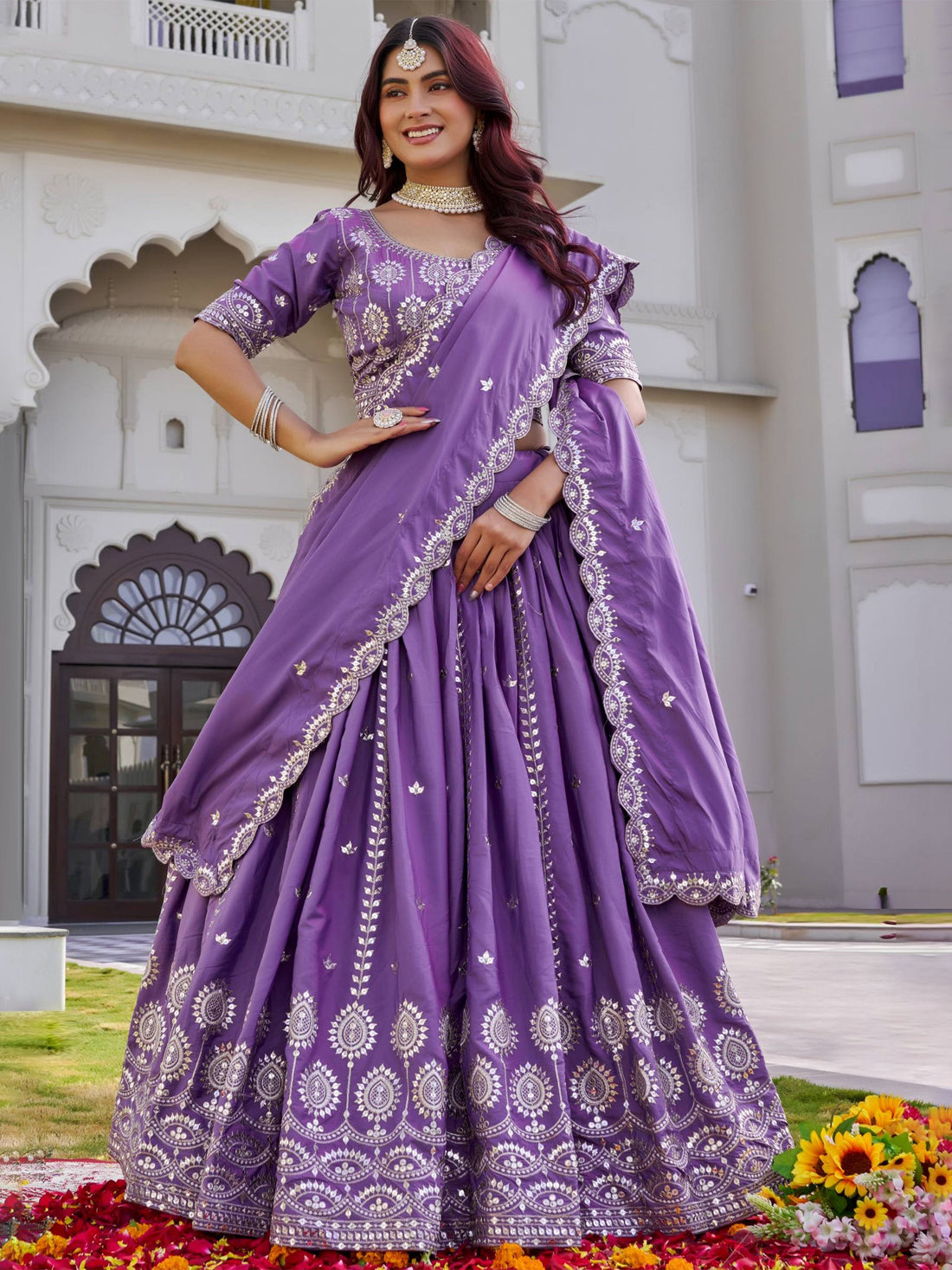 Charming Purple Sequins Work Silk Receptions Wear Lehenga With Dupatta