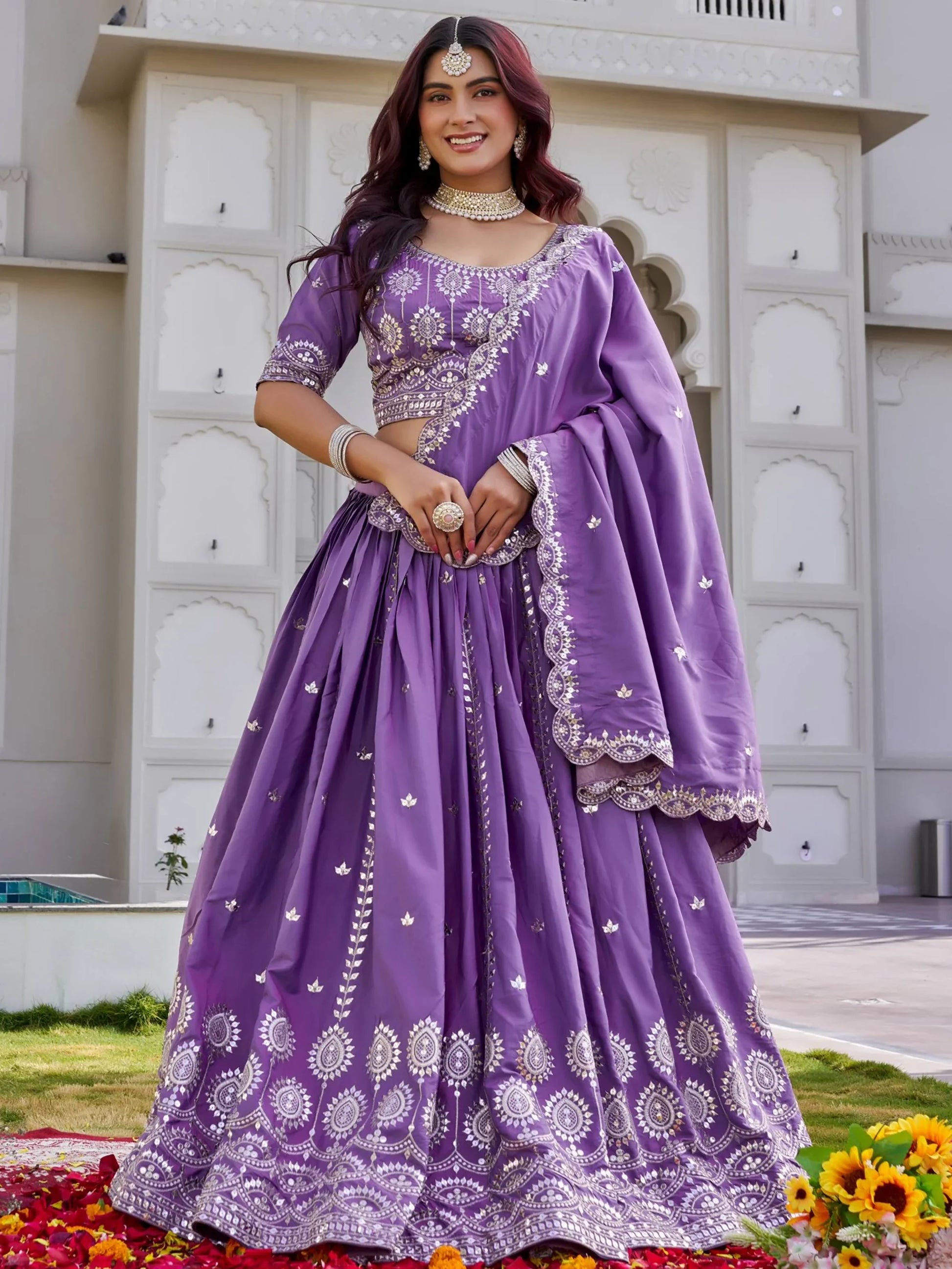 Charming Purple Sequins Work Silk Receptions Wear Lehenga With Dupatta