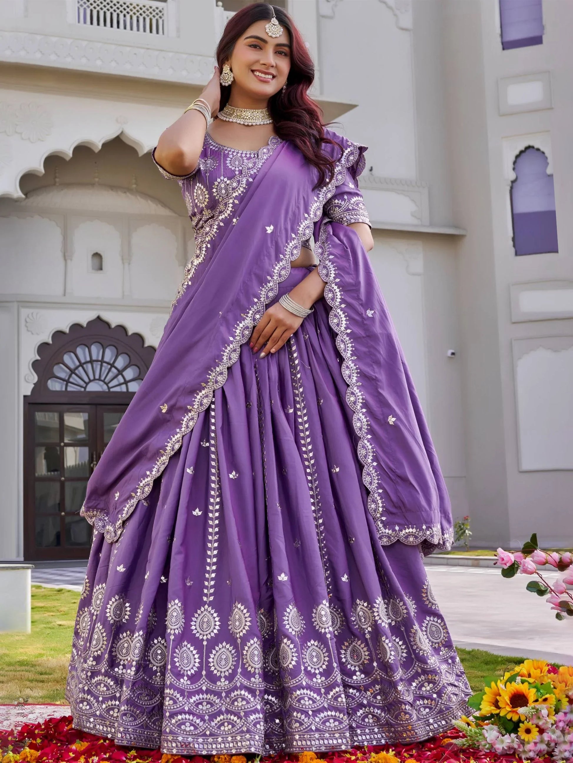 Charming Purple Sequins Work Silk Receptions Wear Lehenga With Dupatta