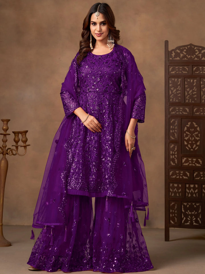 Charming Purple Thread Embroidery Net Reception Wear Sharara Suit