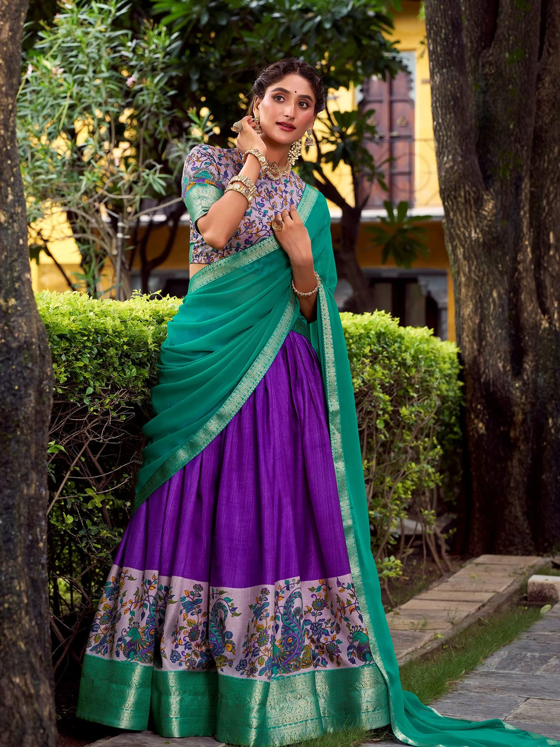 Charming Purple Weaving Work Silk Marraige Wear Half Saree Lehenga