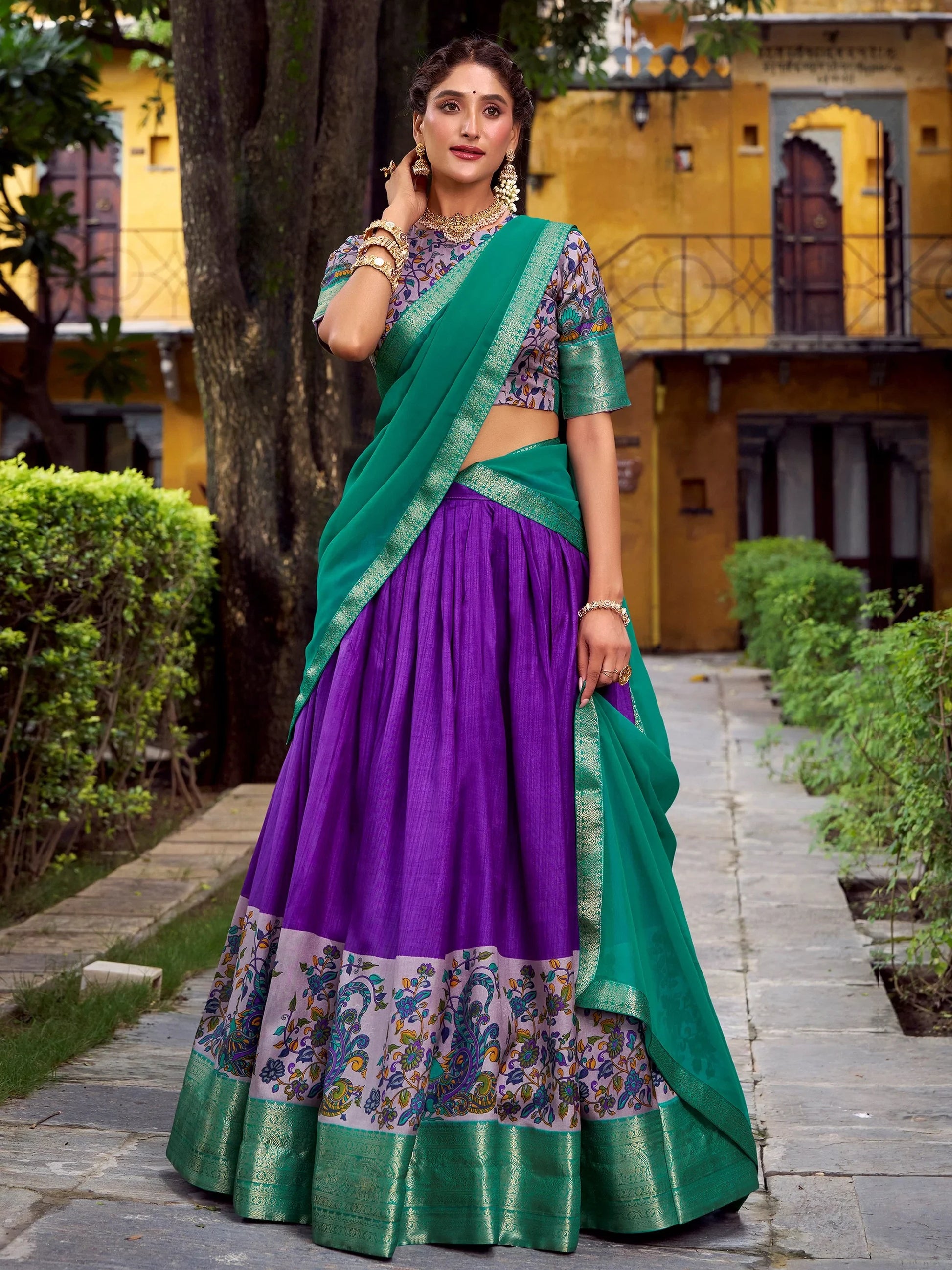 Charming Purple Weaving Work Silk Marraige Wear Half Saree Lehenga