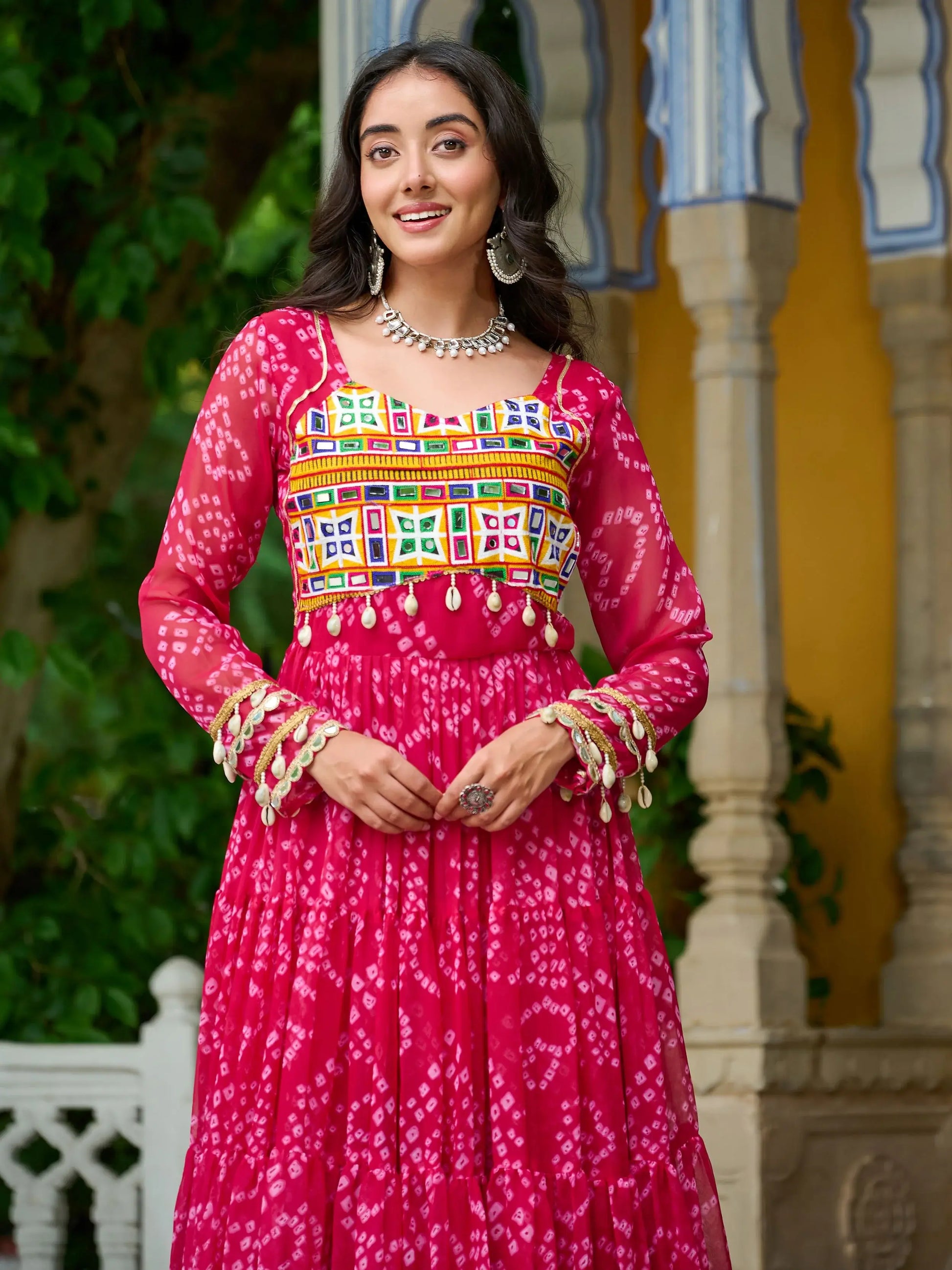 Charming Rani Pink Bandhani Printed Georgette Festive Wear Gown - Zeel Clothing