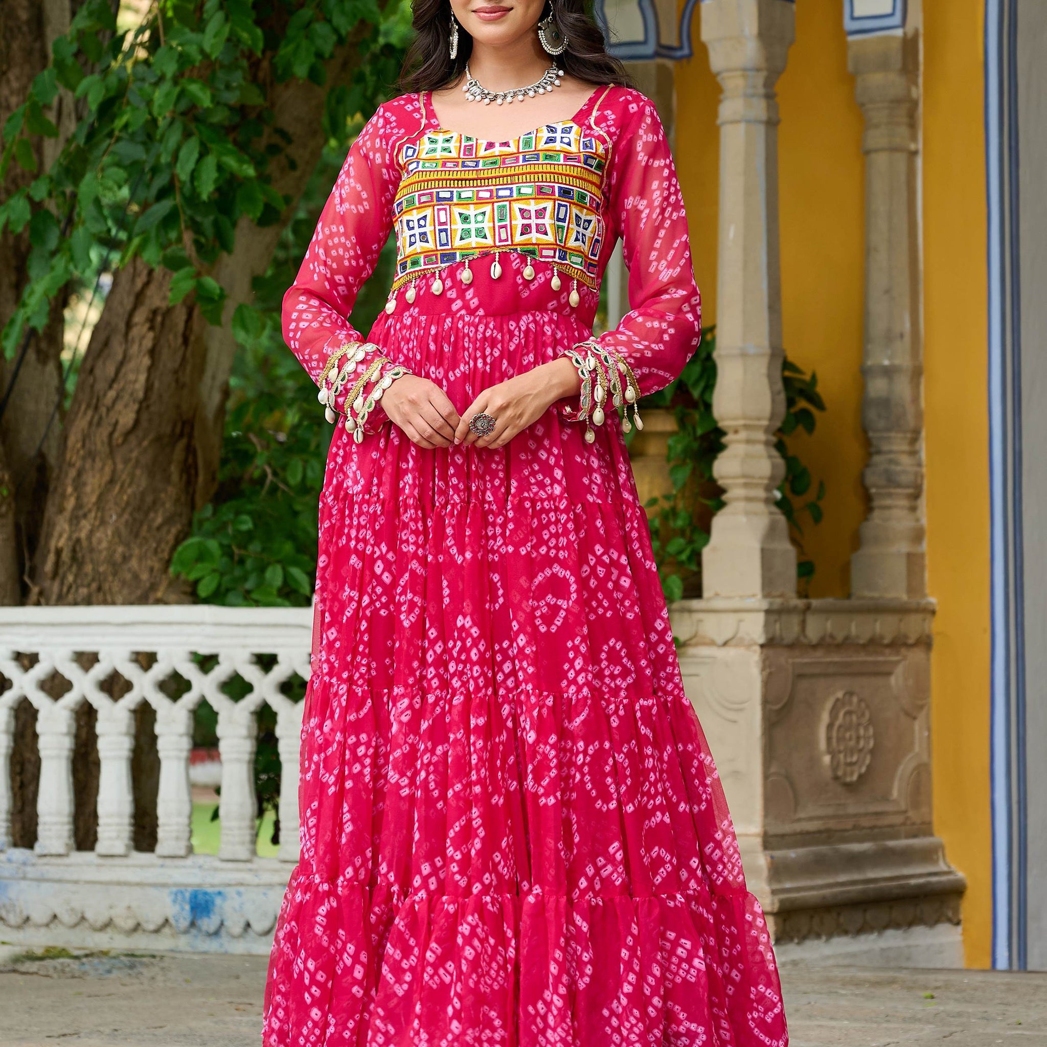 Charming Rani Pink Bandhani Printed Georgette Festive Wear Gown - Zeel Clothing
