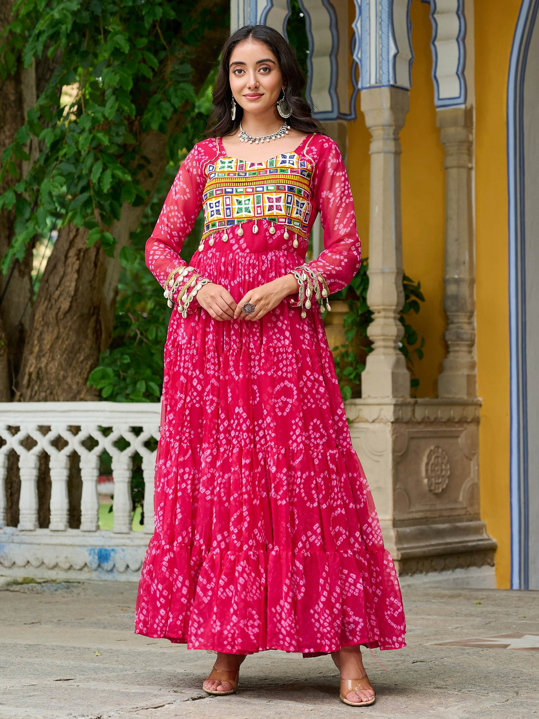 Charming Rani Pink Bandhani Printed Georgette Festive Wear Gown - Zeel Clothing