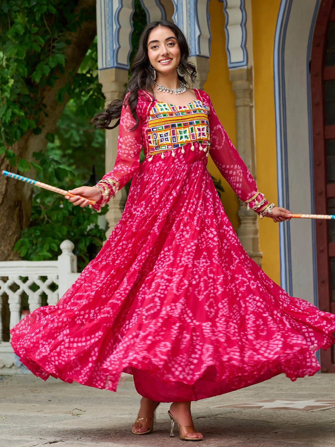 Charming Rani Pink Bandhani Printed Georgette Festive Wear Gown - Zeel Clothing