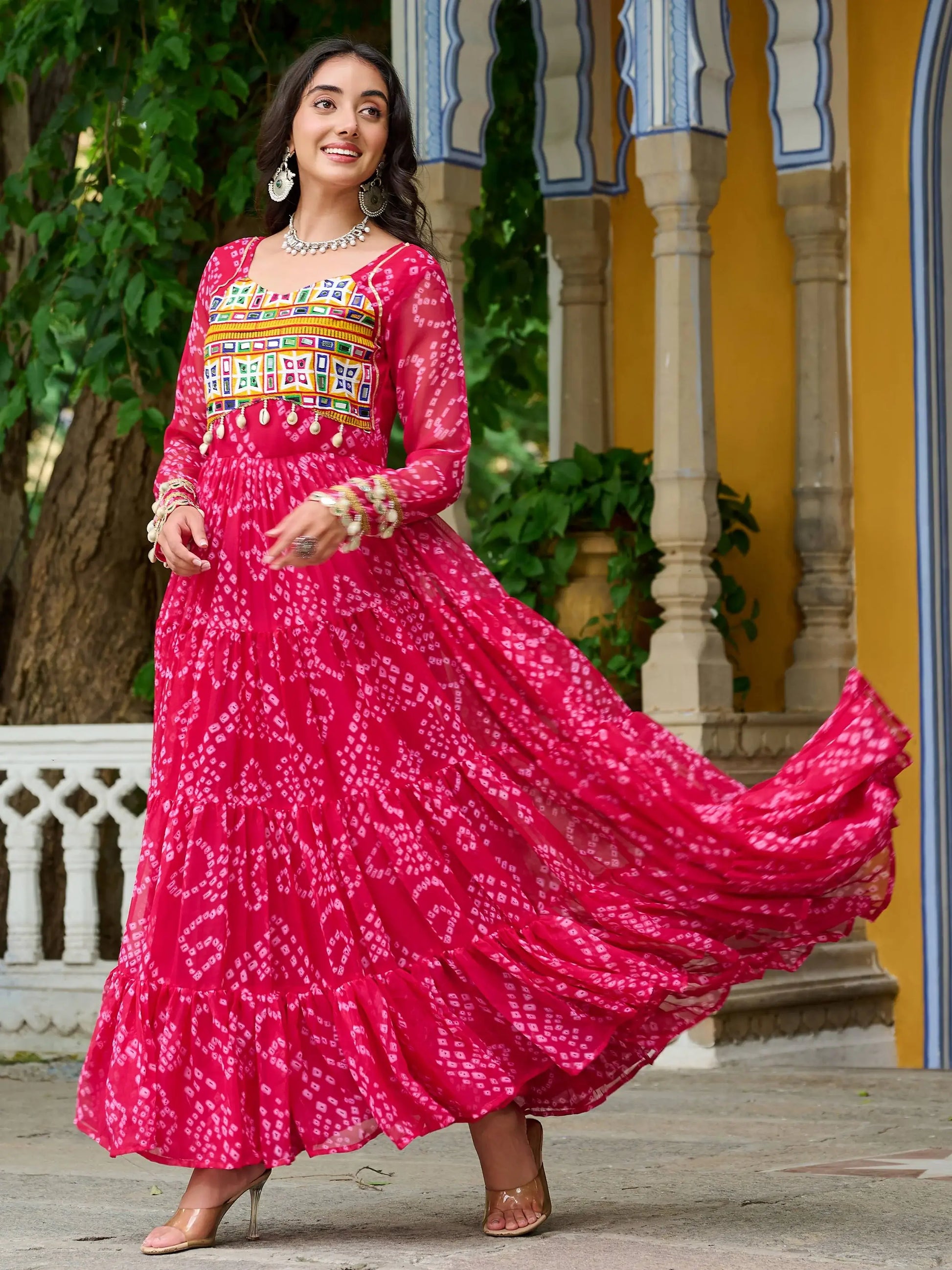 Charming Rani Pink Bandhani Printed Georgette Festive Wear Gown - Zeel Clothing