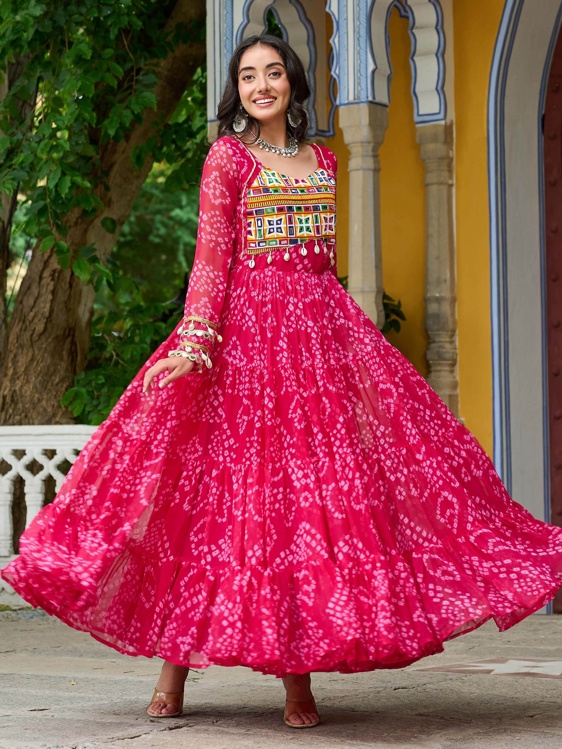 Charming Rani Pink Bandhani Printed Georgette Festive Wear Gown - Zeel Clothing