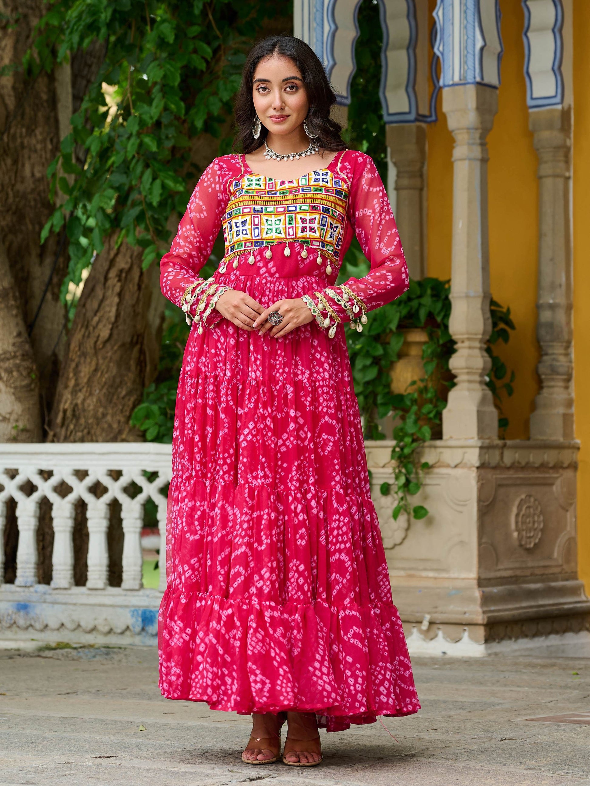 Charming Rani Pink Bandhani Printed Georgette Festive Wear Gown - Zeel Clothing