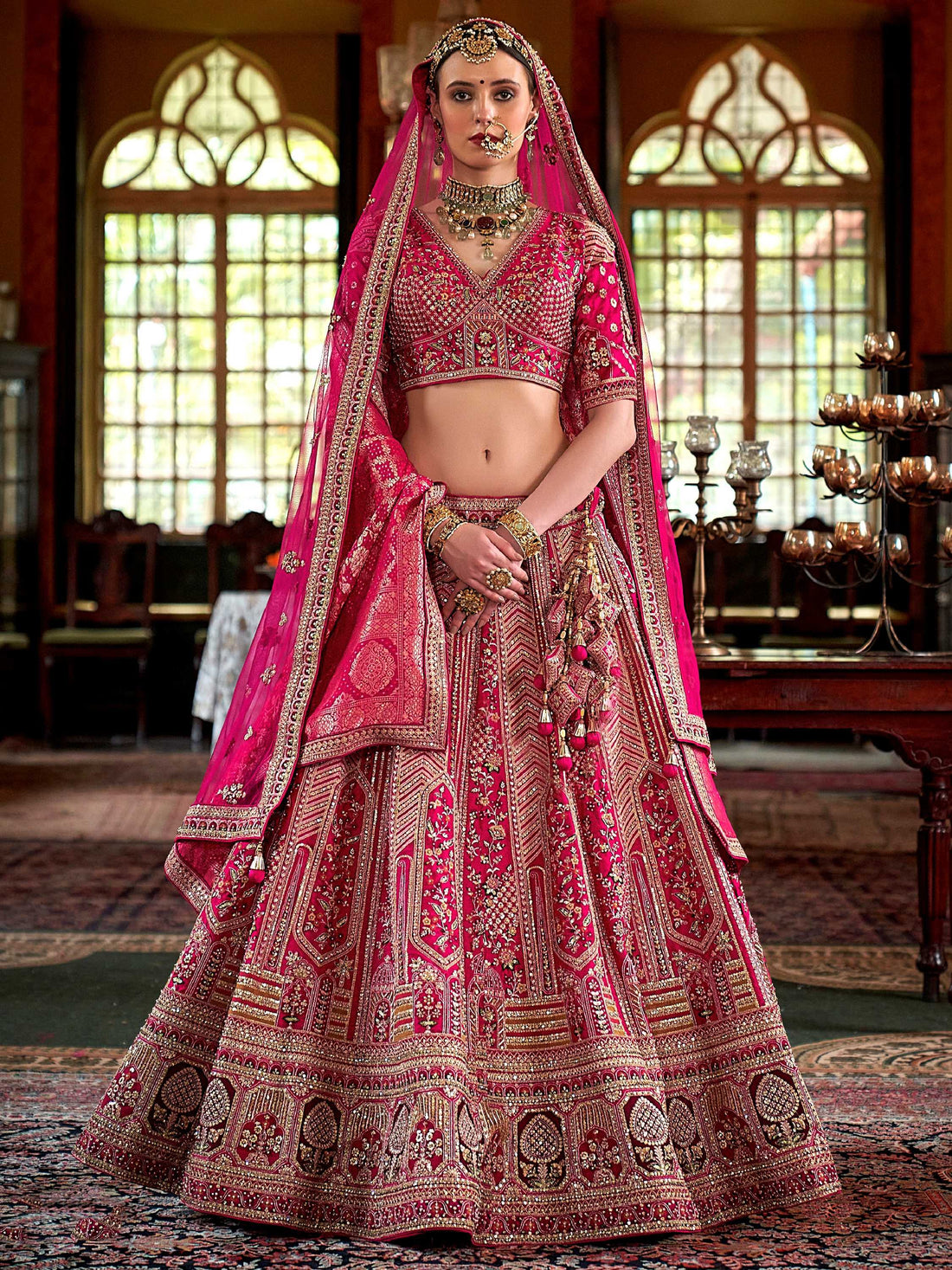 Charming Rani Pink Thread Embroidered Silk Bridal Lehenga Choli With Double Dupatta
