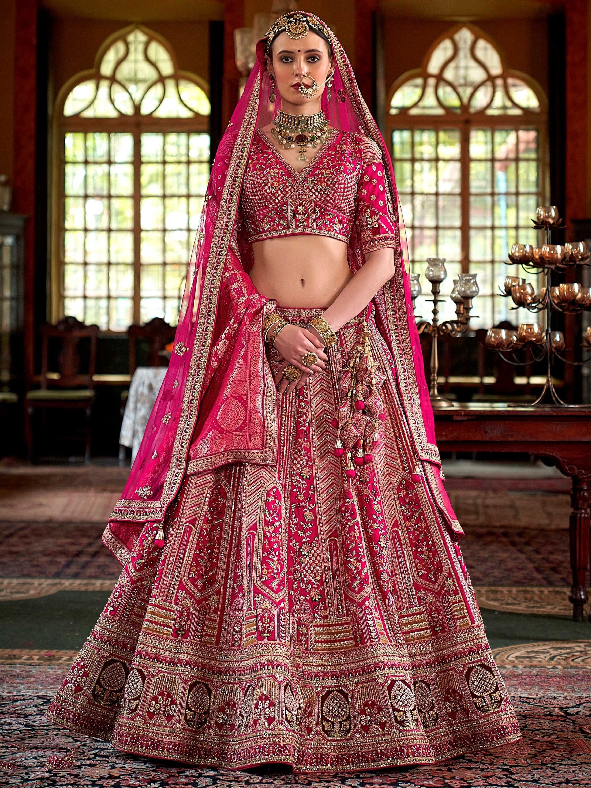 Charming Rani Pink Thread Embroidered Silk Bridal Lehenga Choli With Double Dupatta