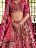 Charming Rani Pink Thread Embroidered Silk Bridal Lehenga Choli With Double Dupatta