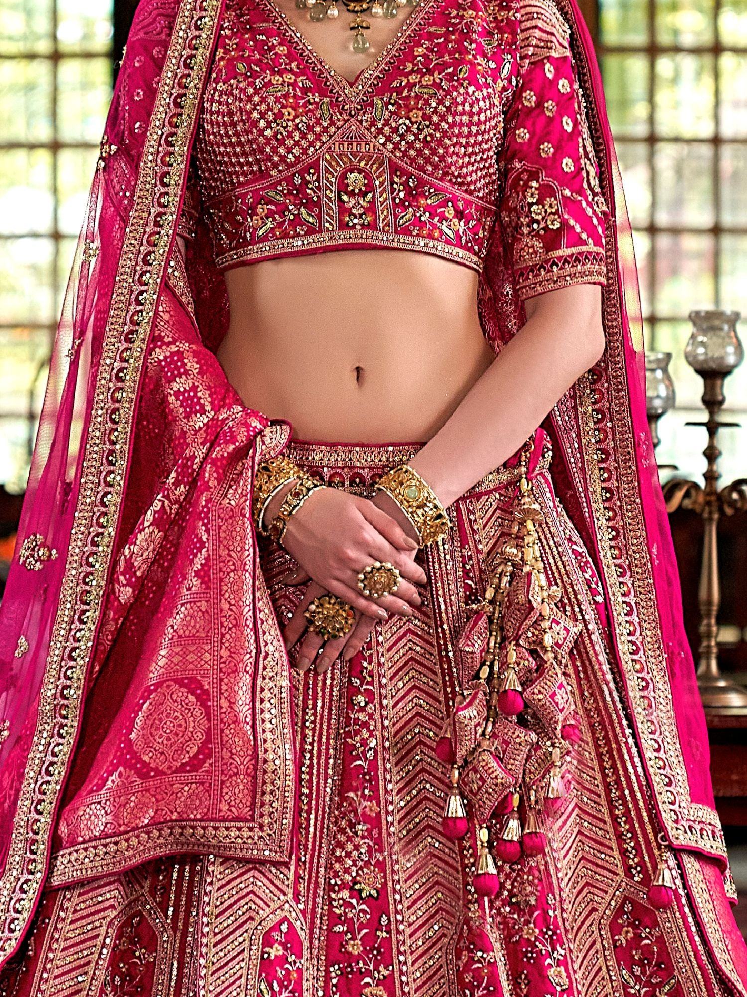 Charming Rani Pink Thread Embroidered Silk Bridal Lehenga Choli With Double Dupatta